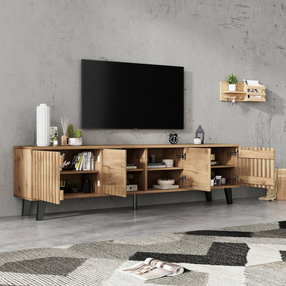 Modern Vintage TV Stand with 4 Doors – Wooden TV Cabinet Storage Sideboard for Up to 70 Inch TV