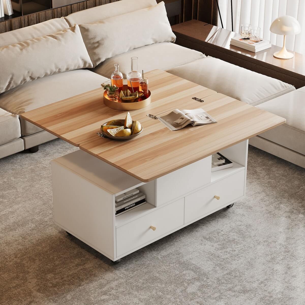 Lift-Top Coffee Table with Storage & Wheels – Extendable Dual Platform Living Room Centre Table