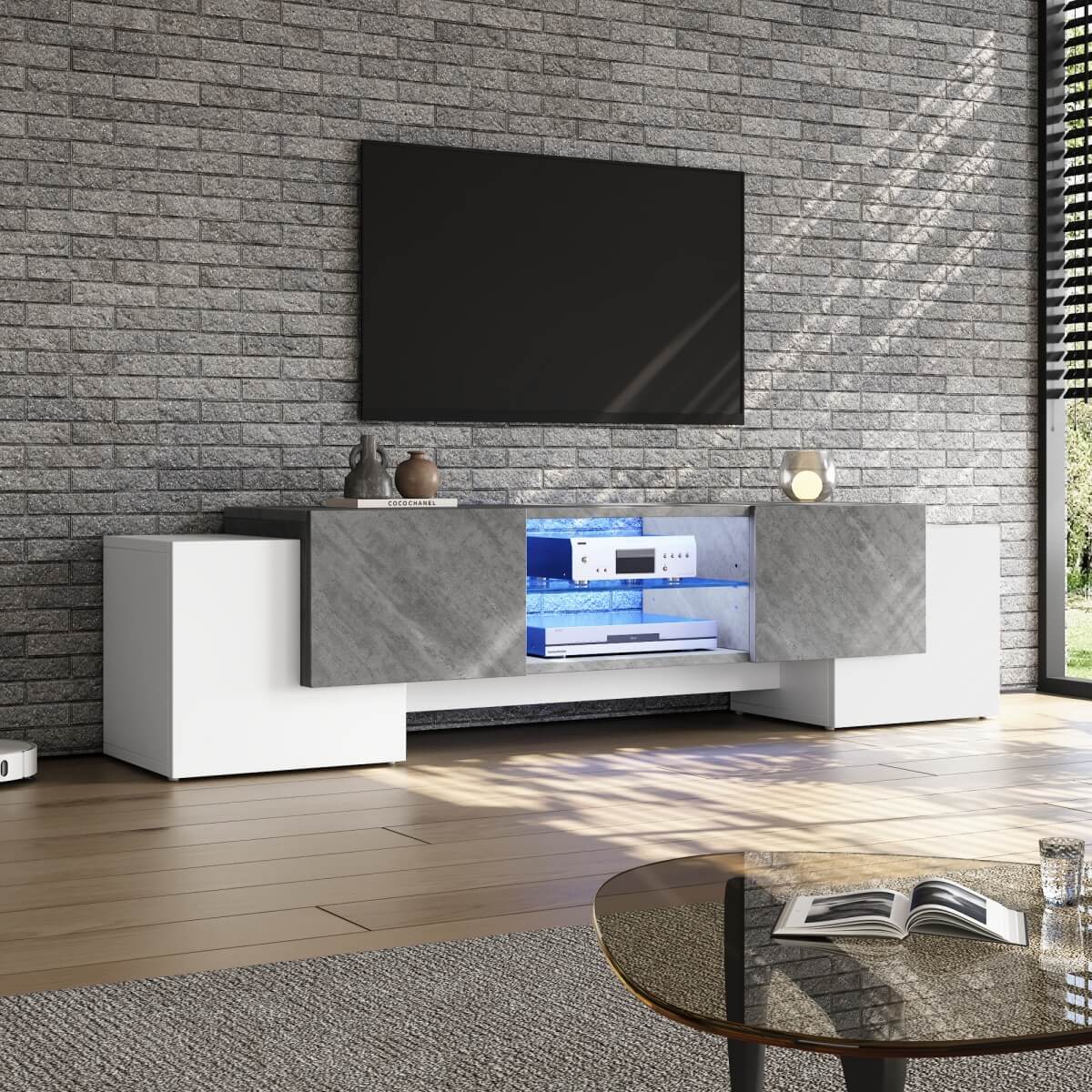TV Stand with LED Lights – 4 Doors & 2 Open Storage Compartments, White & Grey MDF, 180x40x46.5cm, Fits Up to 80” TV