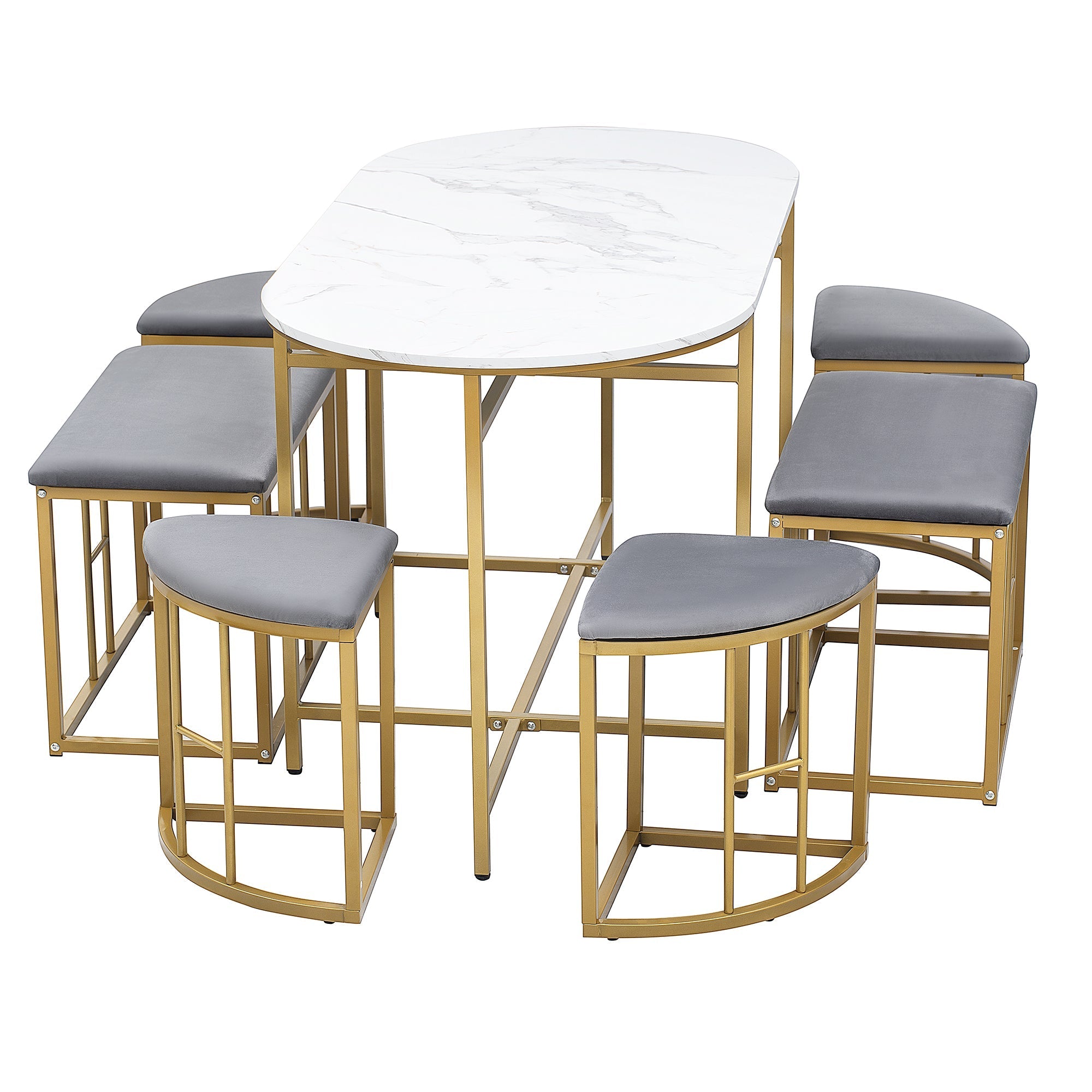 Dining Group Set with Dining Table, 4 Small Stools & 2 Large Stools, Steel Frame, White and Gold, 140x70x76cm