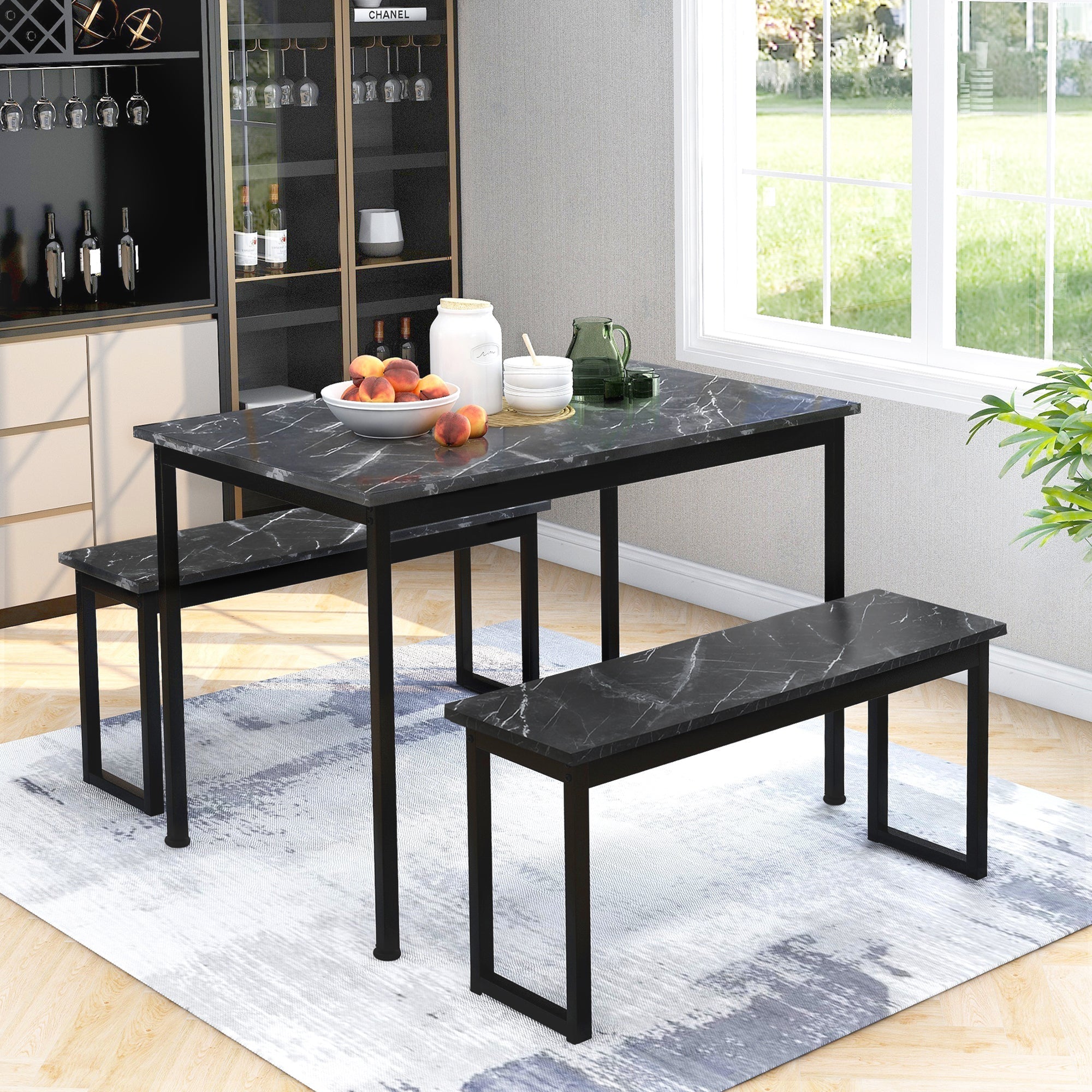 3-Piece Dining Table and Bench Set: 4-Person Space-Saving Dinette for Kitchen Patio Outdoor