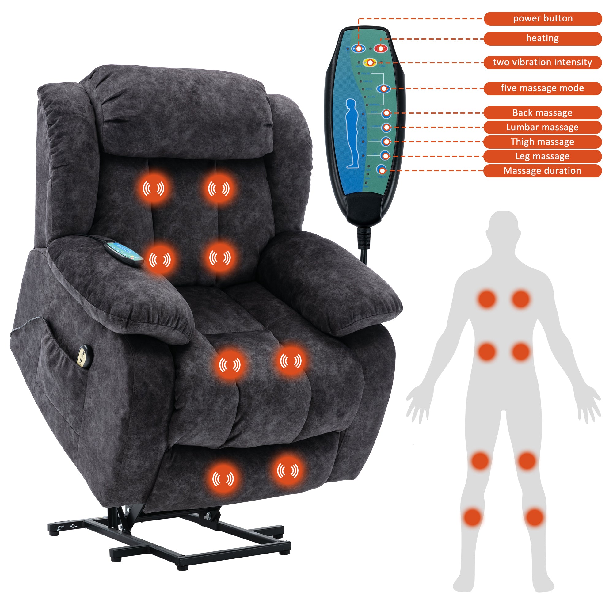 Power Massage Lift Recliner Chair with Heat & Vibration for Elderly - Antiskid Fabric