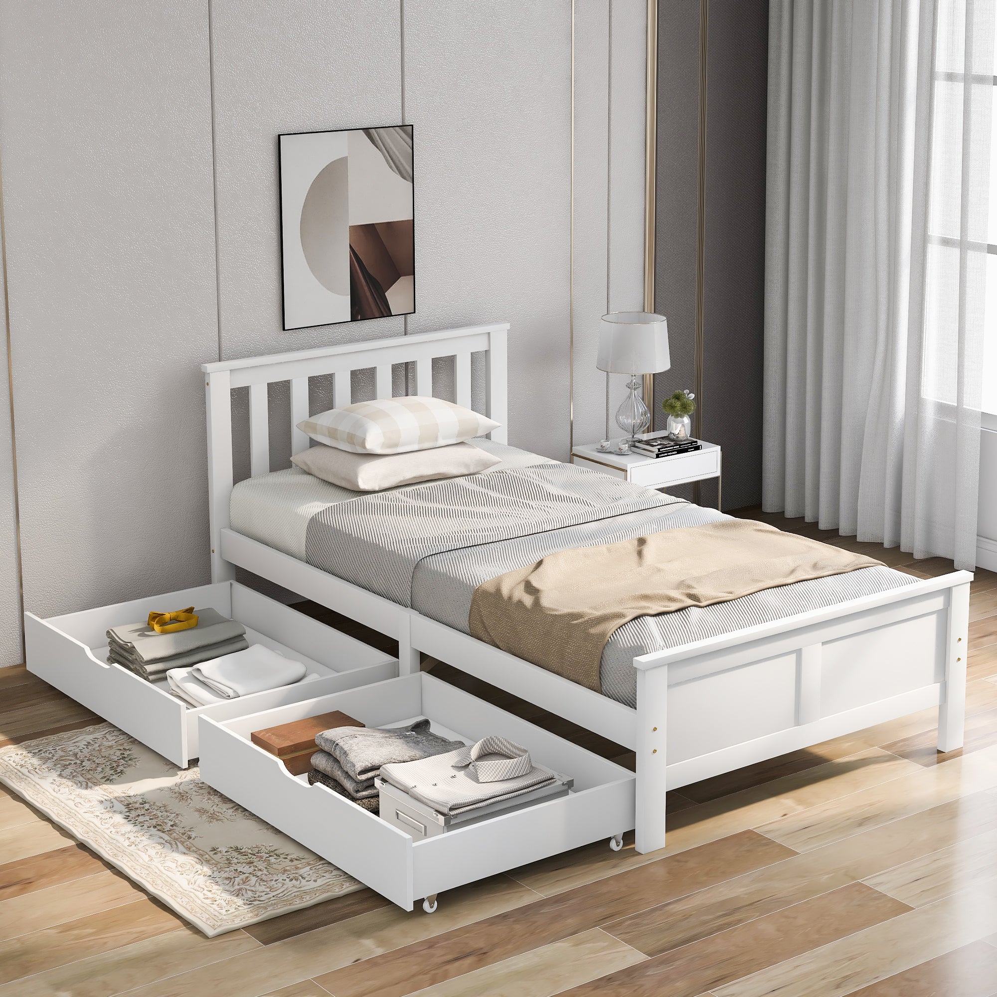 Wooden Solid White Pine Storage Bed with Drawers - 3ft Single Bed Furniture Frame (White 190x90cm)