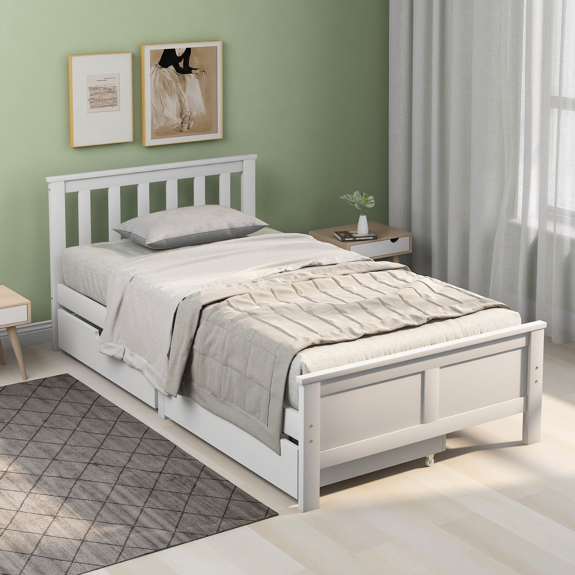 Wooden Solid White Pine Storage Bed with Drawers - 3ft Single Bed Furniture Frame (White 190x90cm)