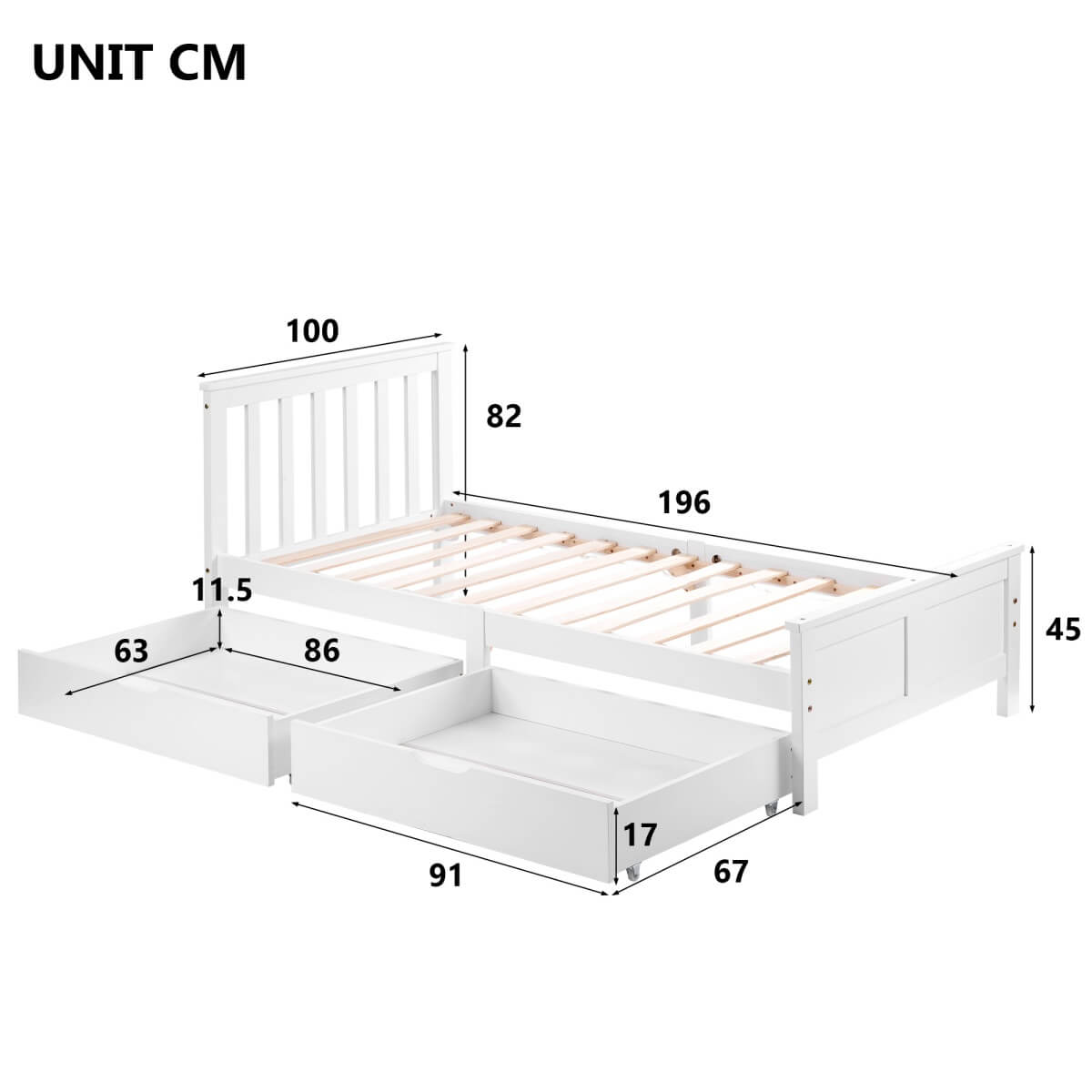3FT Single Wooden Storage Bed – Solid Pine Bed Frame with Drawers