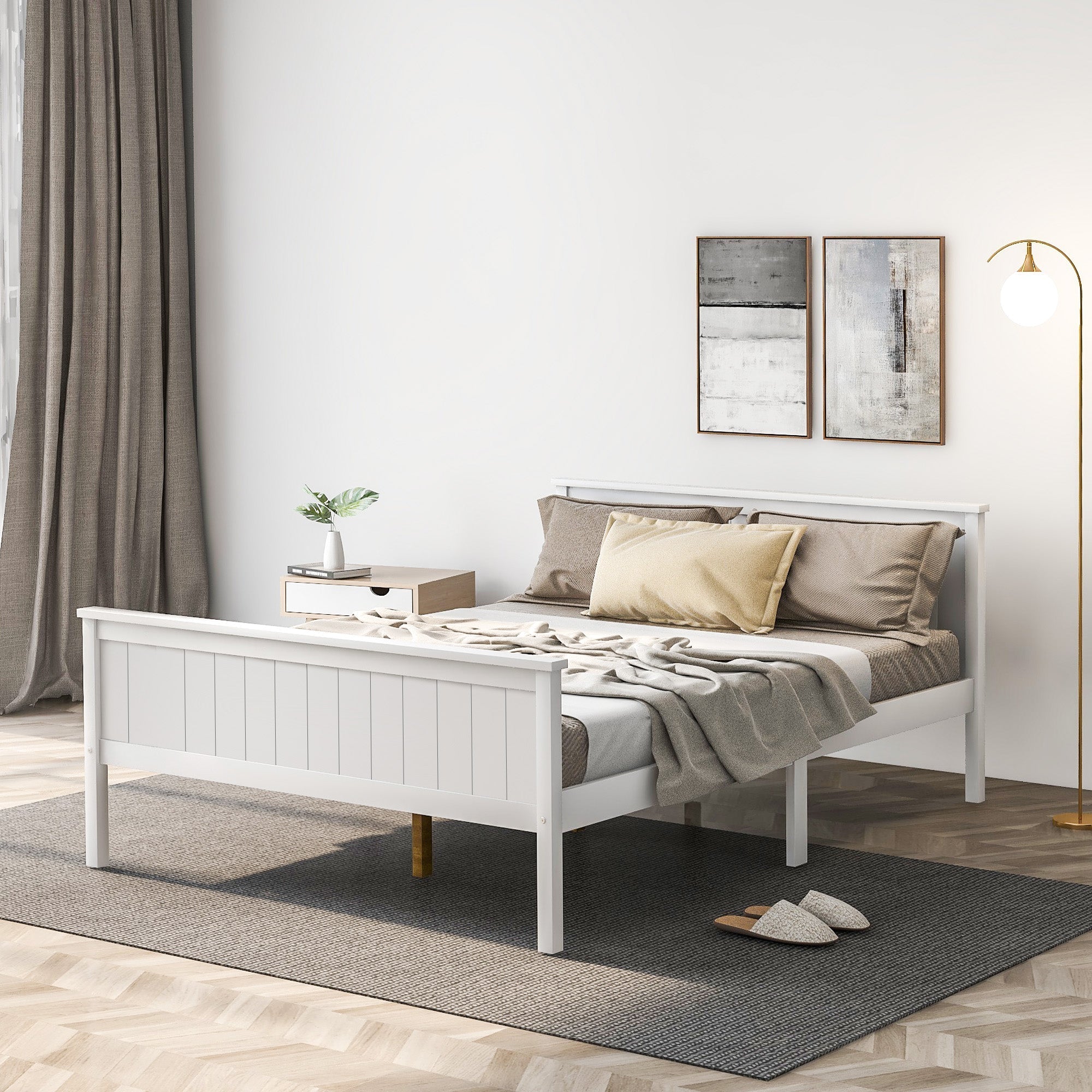 Wooden Bed Frame with Headboard and Footboard, Pine Wood, Ivory