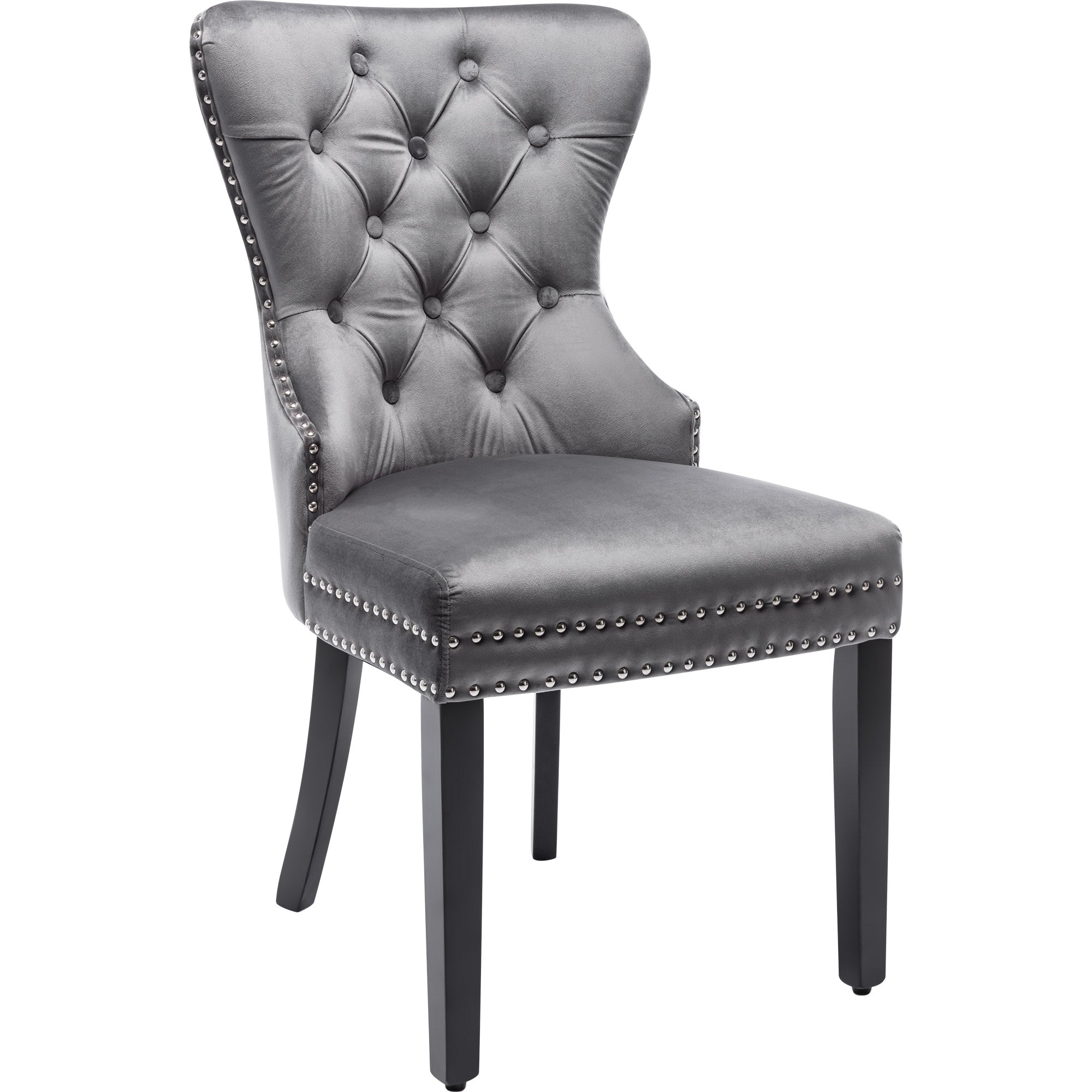 Velvet Dining Chairs Set of 2 with OAK Legs, Button, Chrome Knocker and Nailhead Trim, Grey