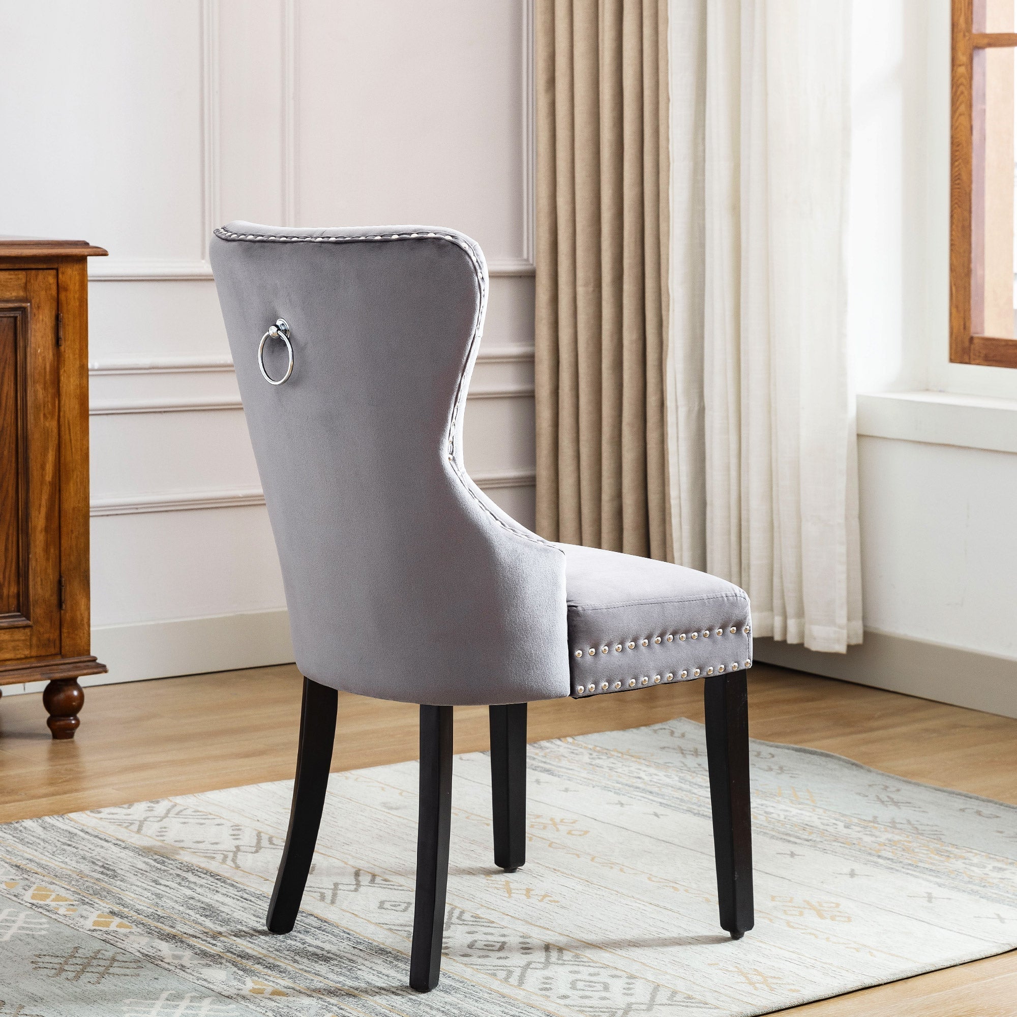 Velvet Dining Chairs Set of 2 with OAK Legs, Button, Chrome Knocker and Nailhead Trim, Grey