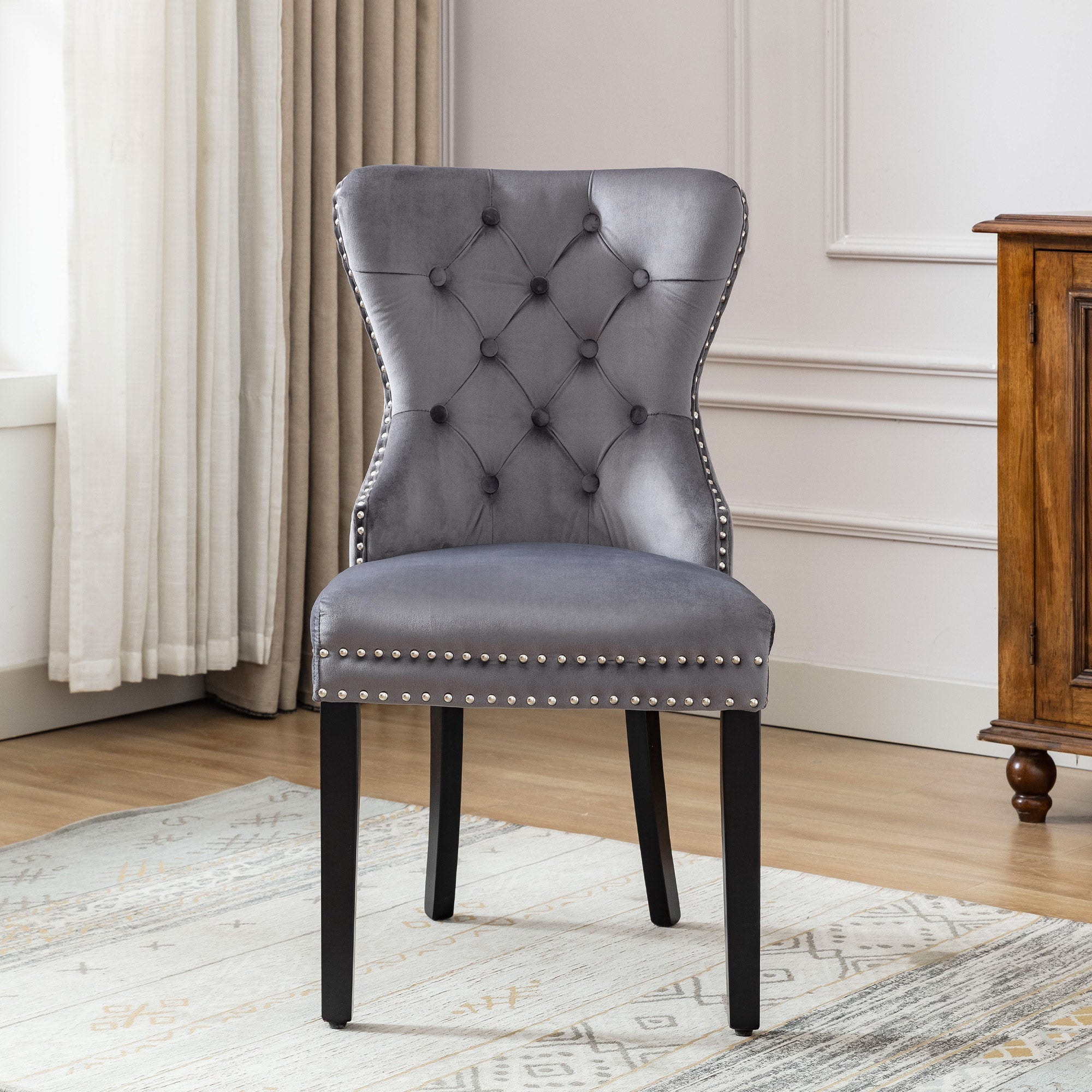 Velvet Dining Chairs Set of 2 with OAK Legs, Button, Chrome Knocker and Nailhead Trim, Grey