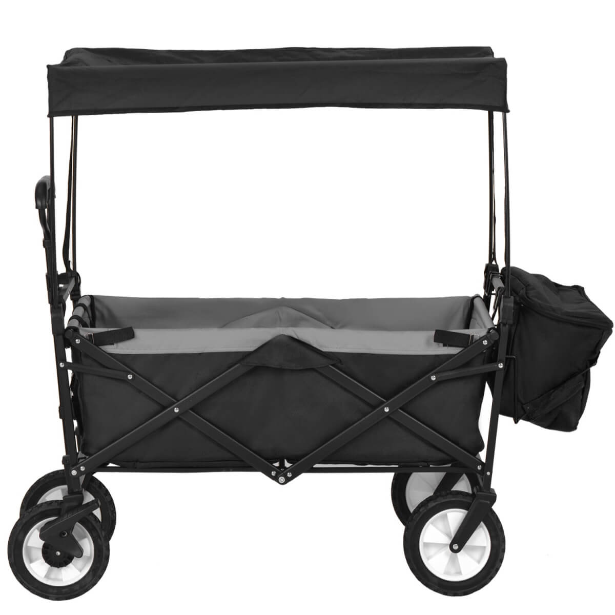 Garden Cart with Removable Canopy – Foldable 4-Wheel Trolley Wagon with Cooler Bag, Front Cup Holder and Push Pull Handle