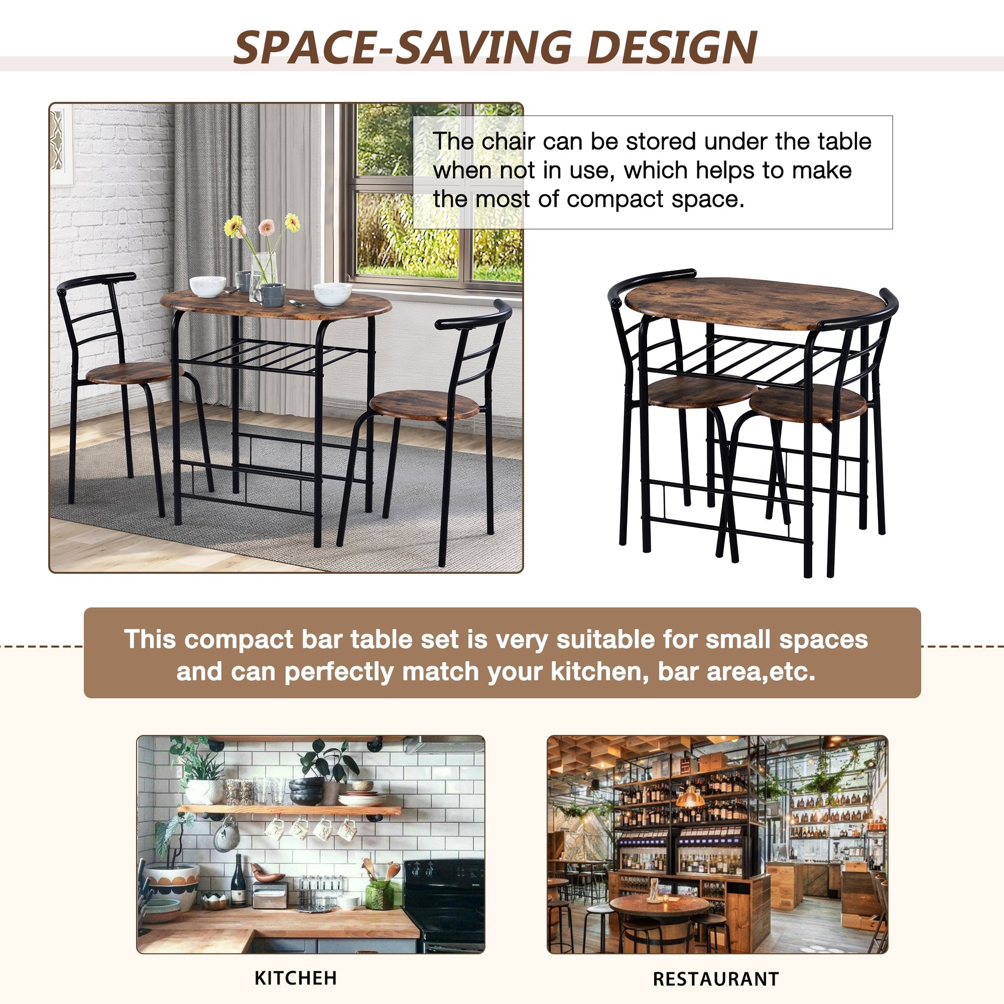 3-Piece Dining Table & Chair Set for Kitchen, Dining Room, Compact Space Wooden Steel Frame