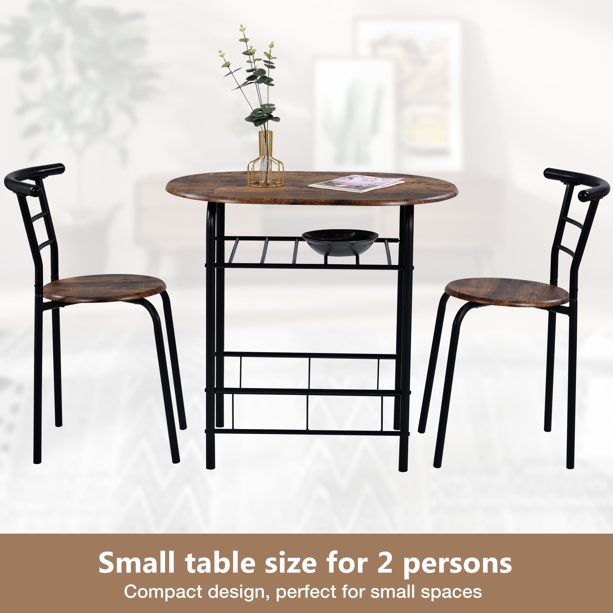 3-Piece Dining Table & Chair Set for Kitchen, Dining Room, Compact Space Wooden Steel Frame