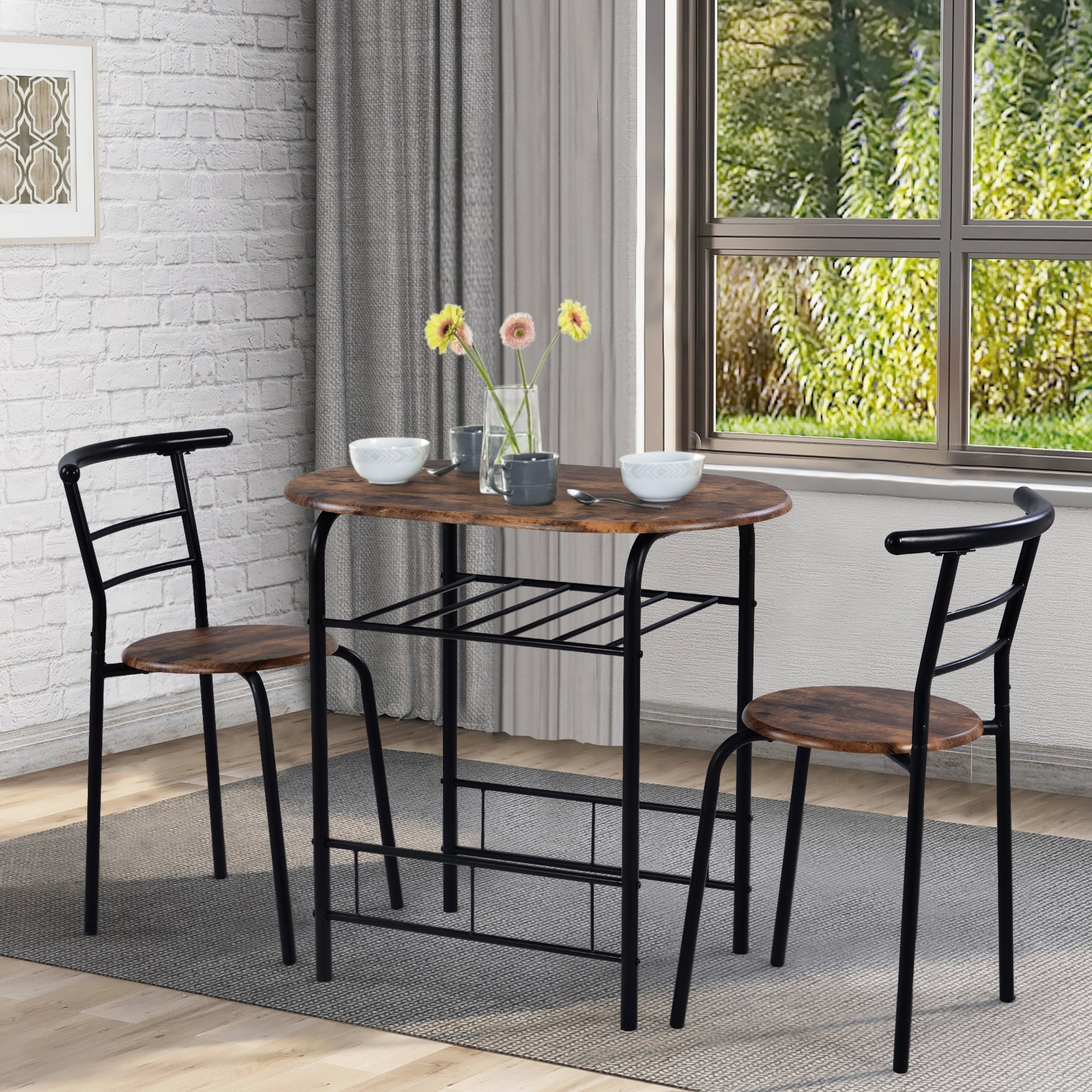 3-Piece Dining Table & Chair Set for Kitchen, Dining Room, Compact Space Wooden Steel Frame