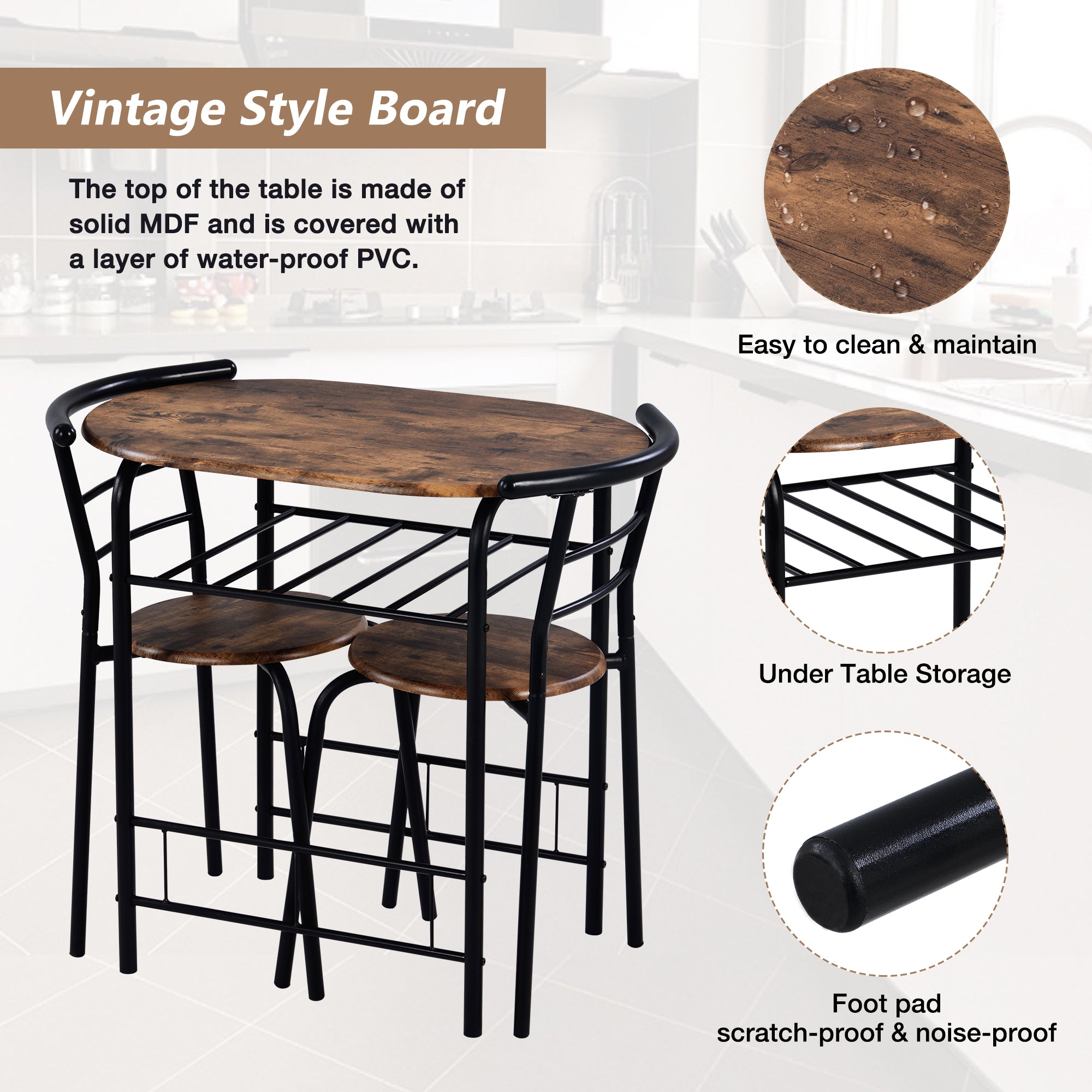 3-Piece Dining Table & Chair Set for Kitchen, Dining Room, Compact Space Wooden Steel Frame