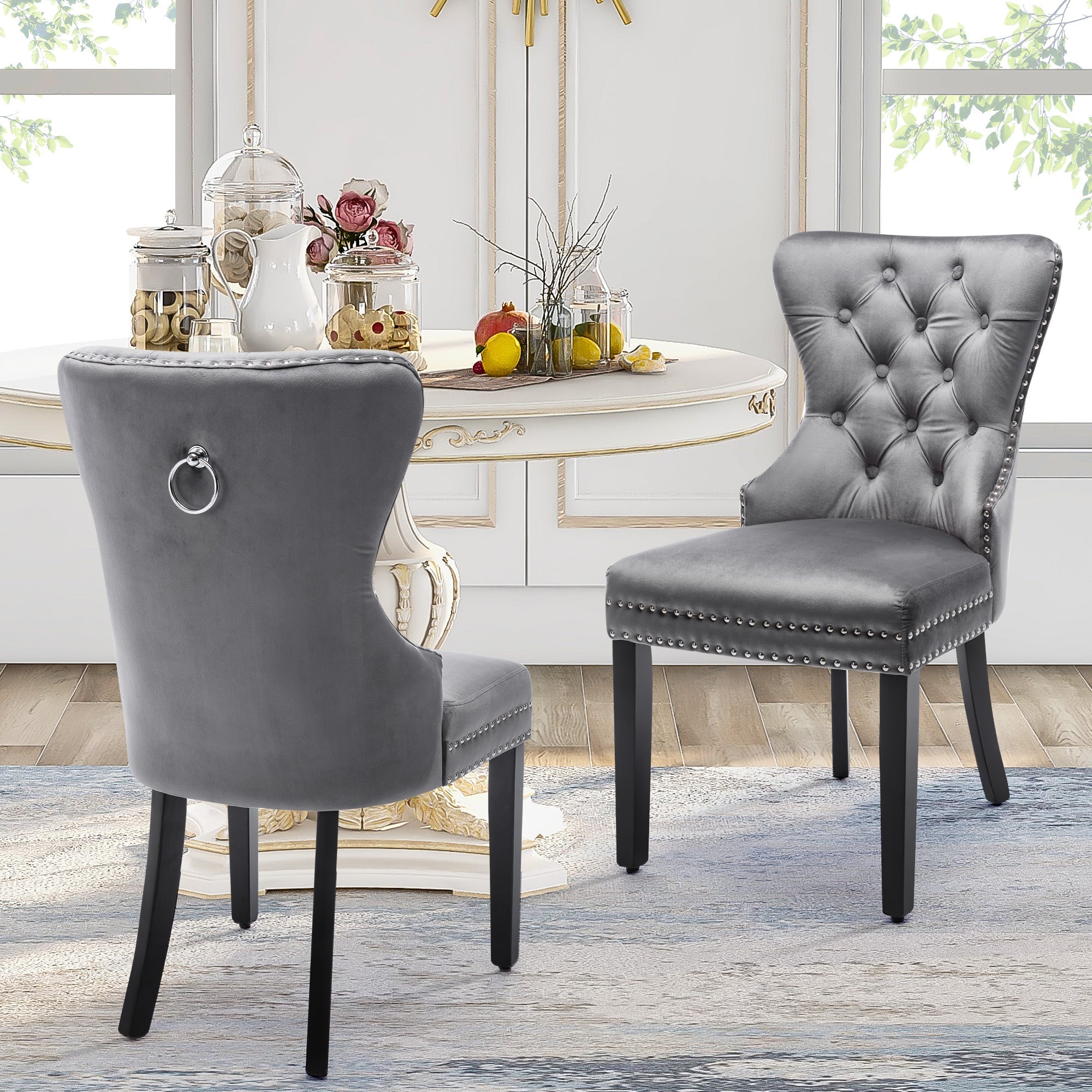 Velvet Dining Chairs Set of 2 with OAK Legs, Button, Chrome Knocker and Nailhead Trim, Grey