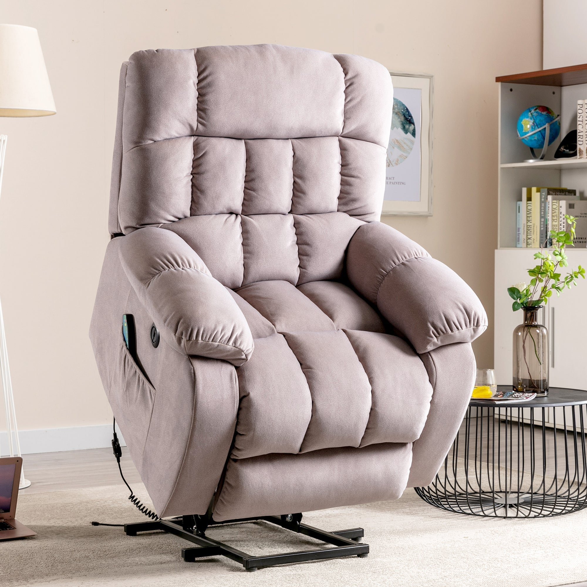 Electric Power Lift Recliner Chair Sofa with Massage, Heat, USB Ports, Side Pockets, Breathable Fabric