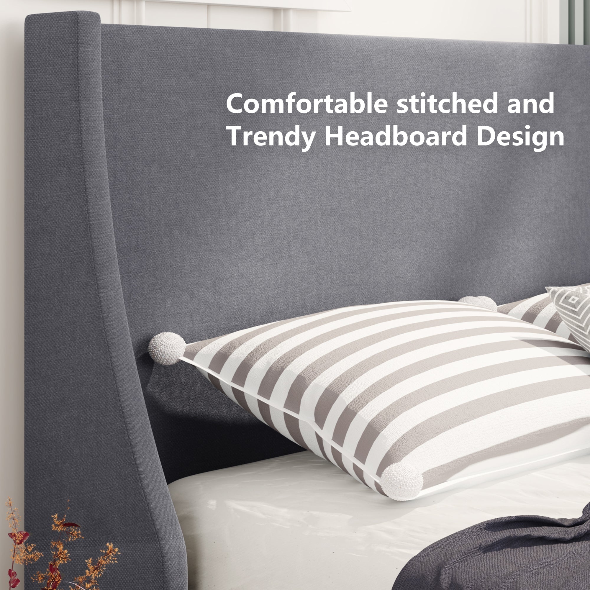 Single Bed Soft Linen Grey 3FT Upholstered Bed with Winged Headboard, Wood Slat Support