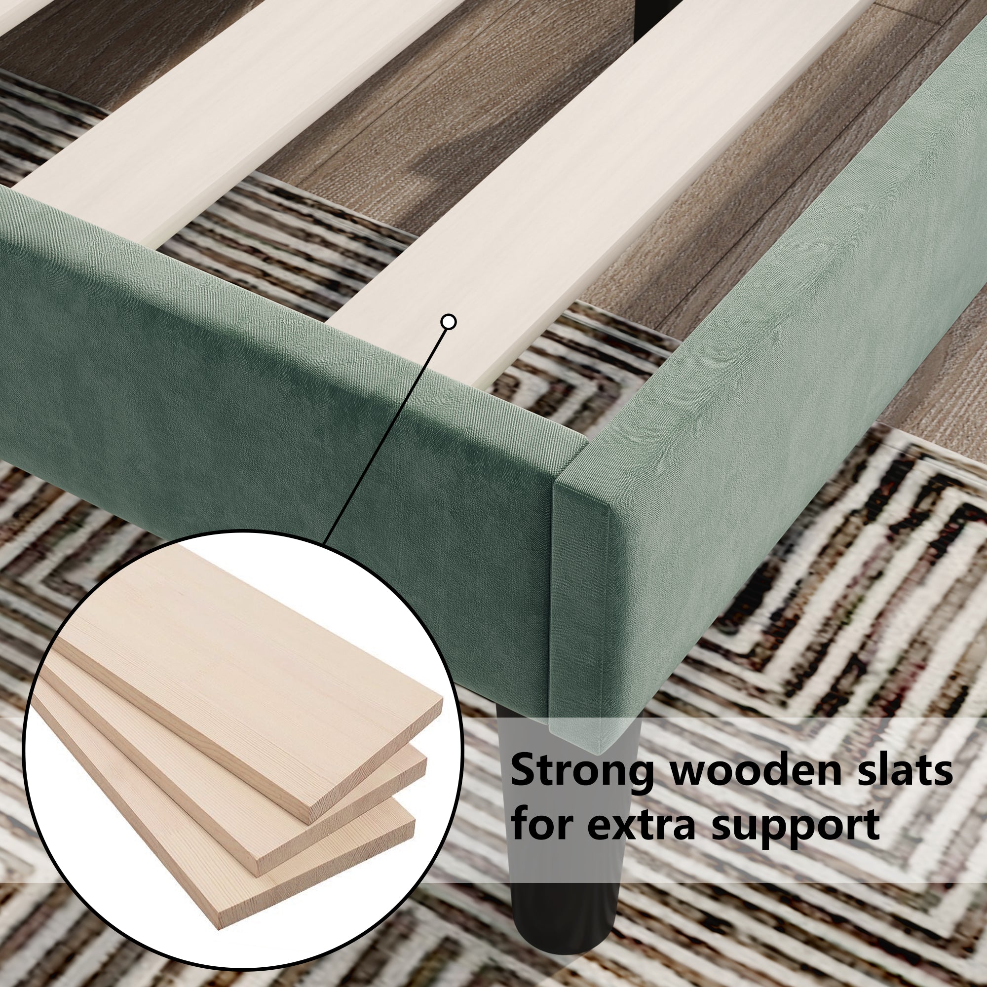 Single Bed Velvet Dark Green 3FT Upholstered Bed with Winged Headboard, Wood Slat Support