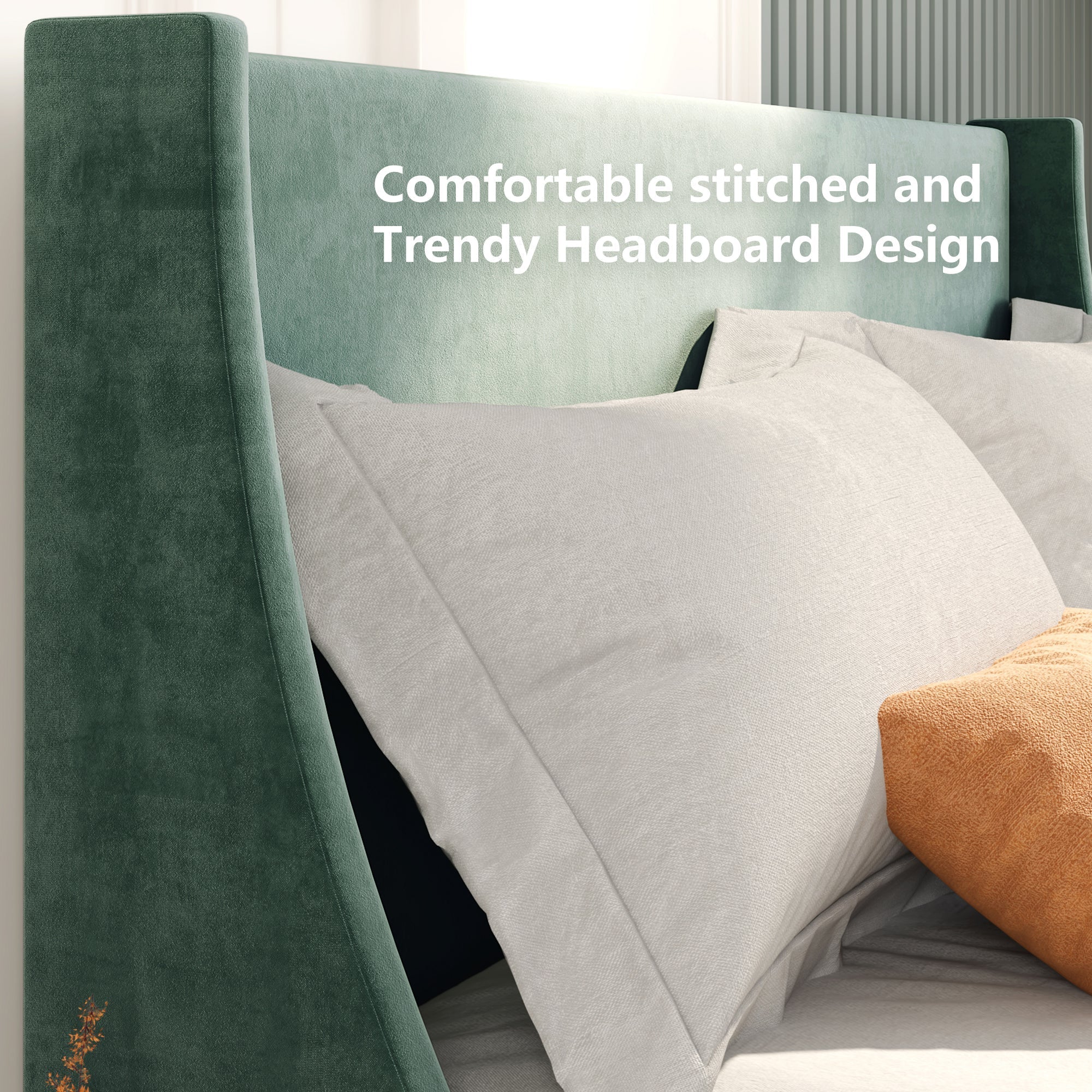 Single Bed Velvet Dark Green 3FT Upholstered Bed with Winged Headboard, Wood Slat Support