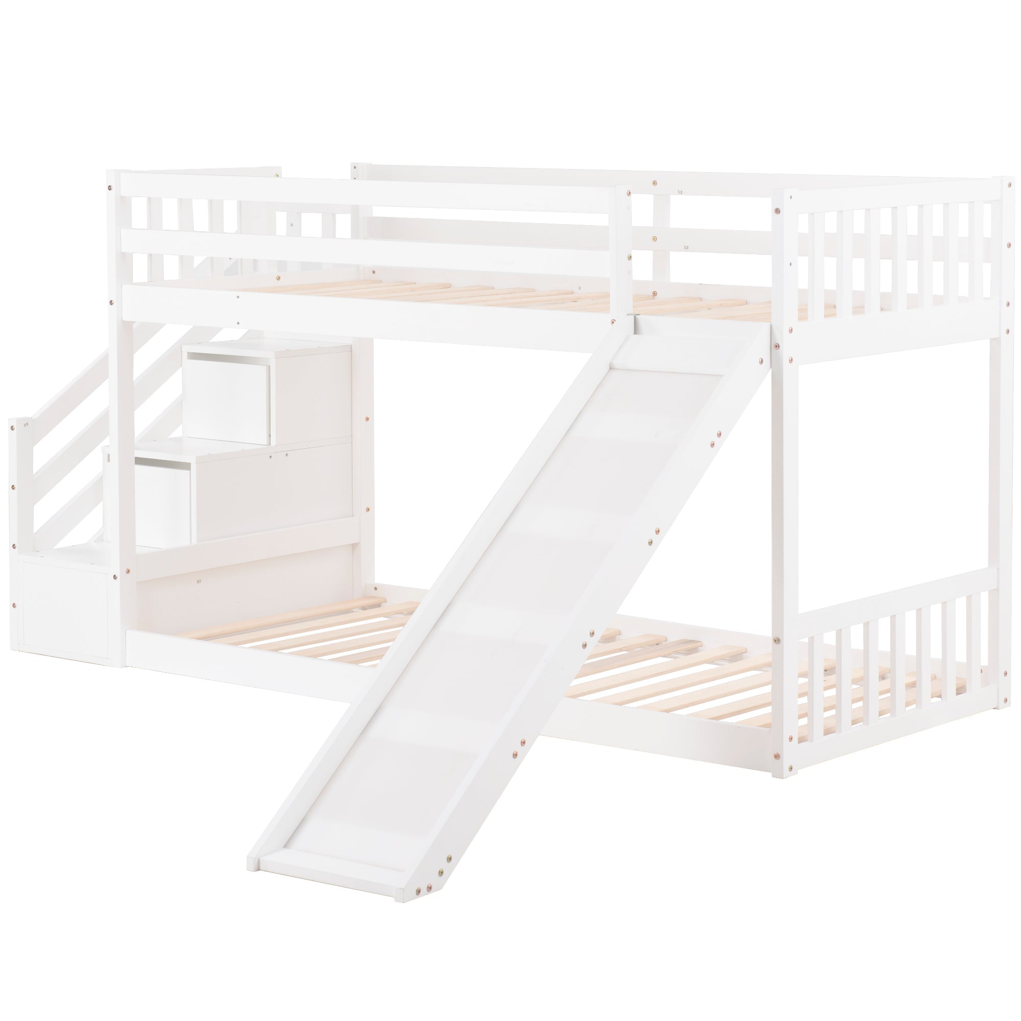Bunk Bed with Stairs & Slide, Solid Pine Wood Frame, 90x190cm, White