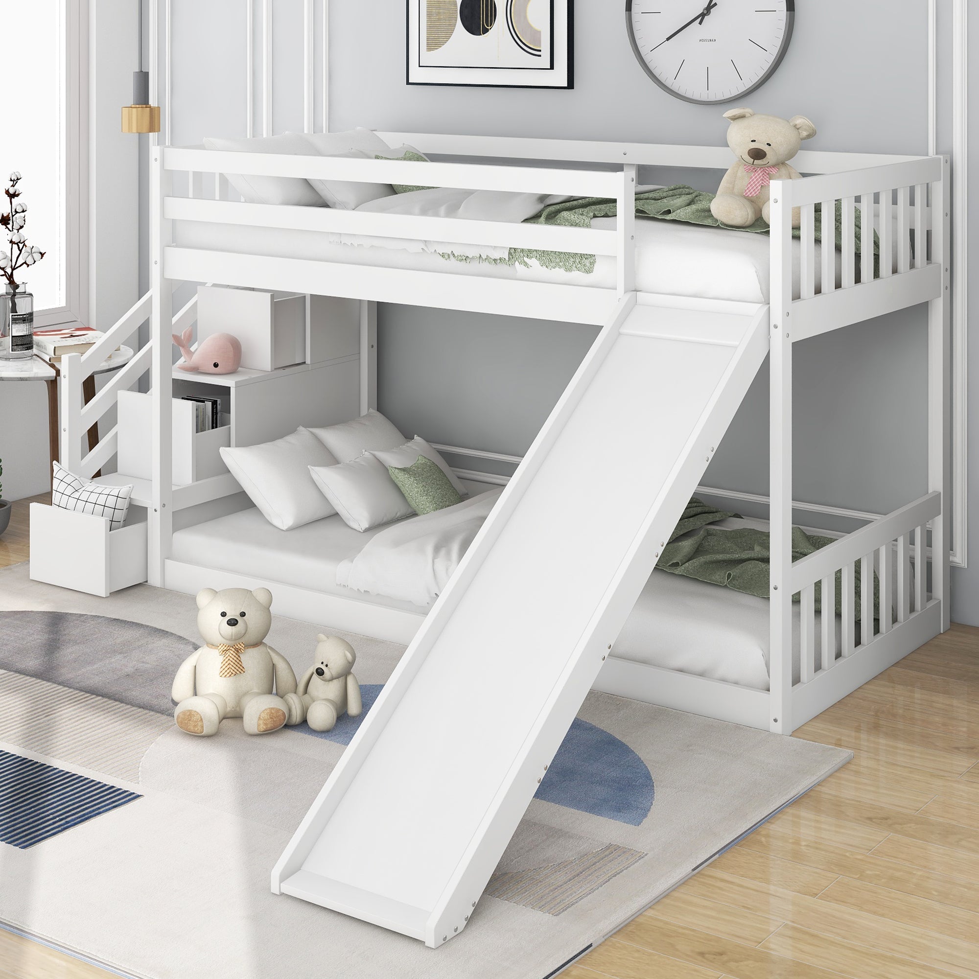 Bunk Bed with Stairs & Slide, Solid Pine Wood Frame, 90x190cm, White