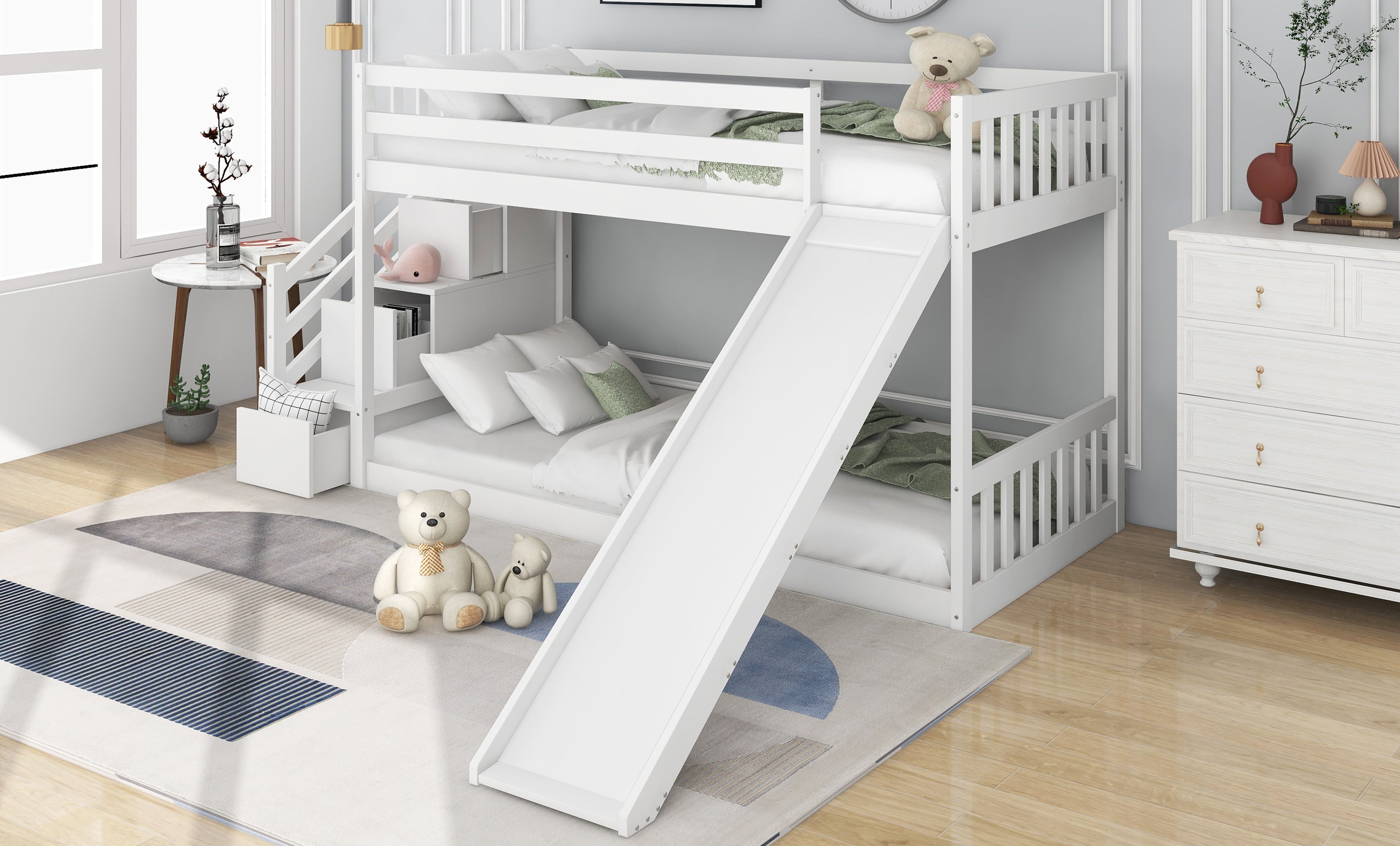 Bunk Bed with Stairs & Slide, Solid Pine Wood Frame, 90x190cm, White