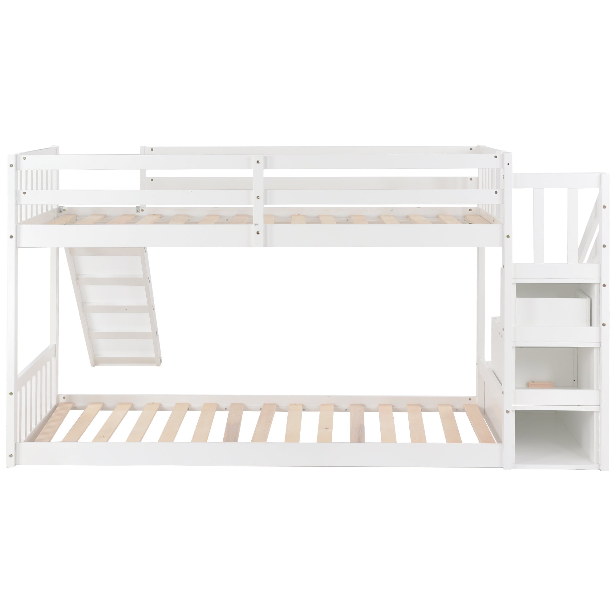 Bunk Bed with Stairs & Slide, Solid Pine Wood Frame, 90x190cm, White