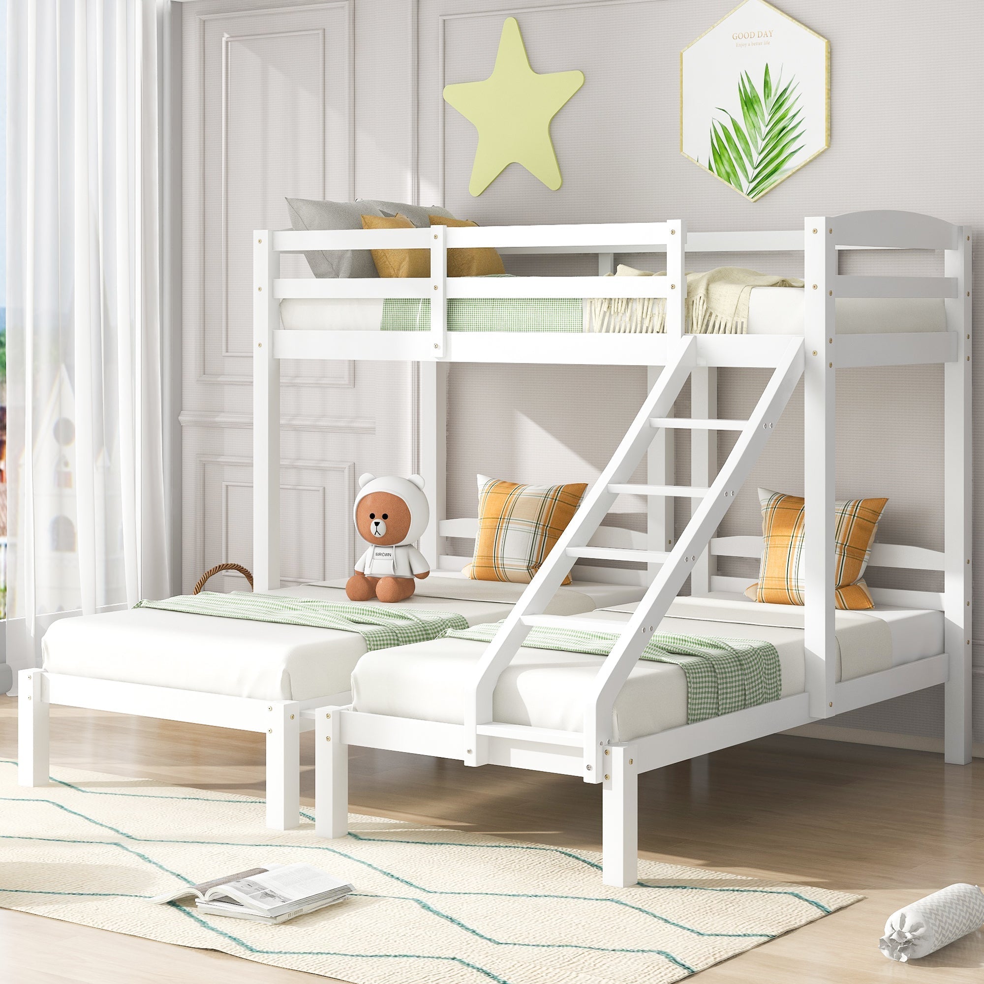 Bunk Bed Triple Sleeper with Side Ladder for Children and Teens, 3FT White