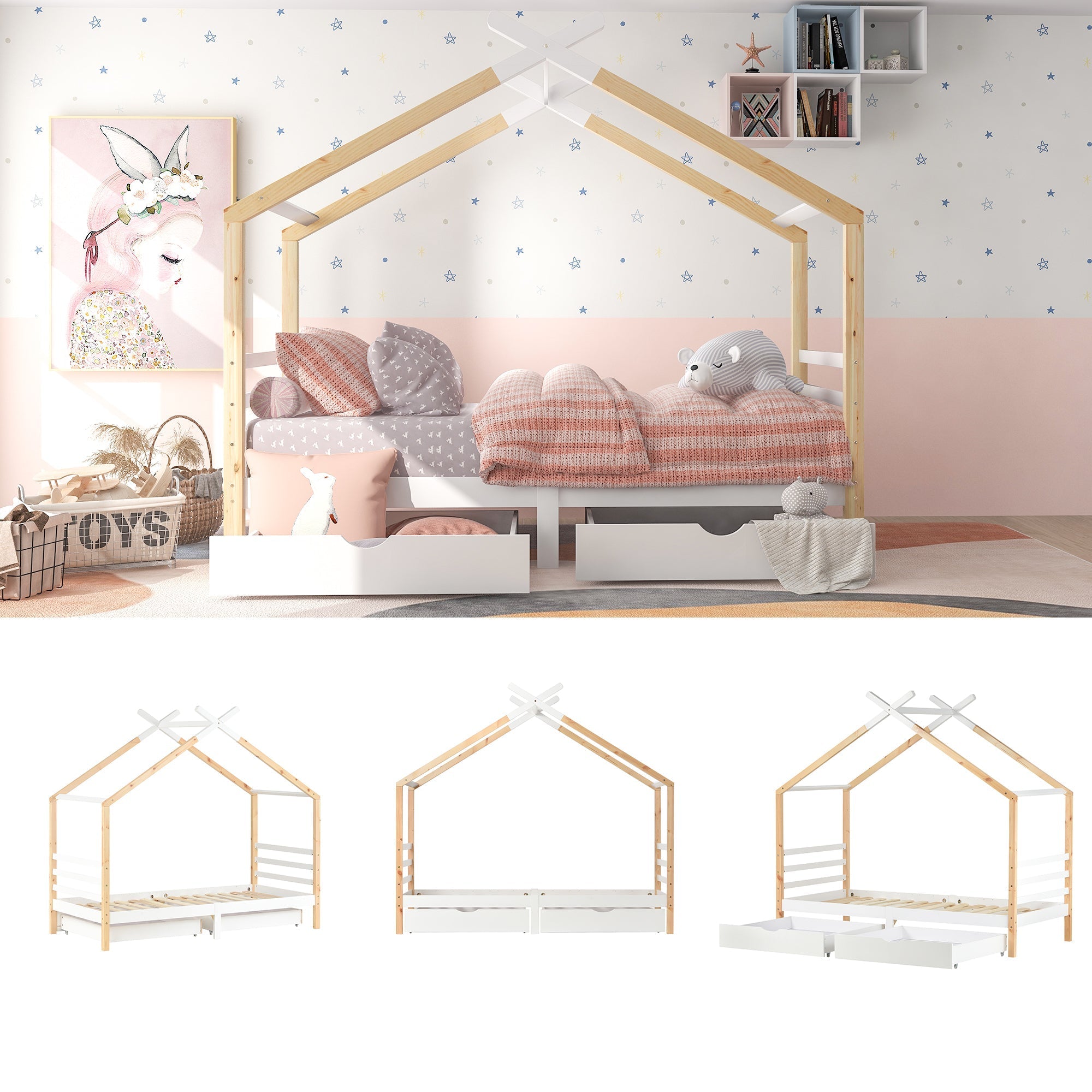 Kids Single Bed Frame with Under-Bed Storage, 3FT, Solid Pine Wood