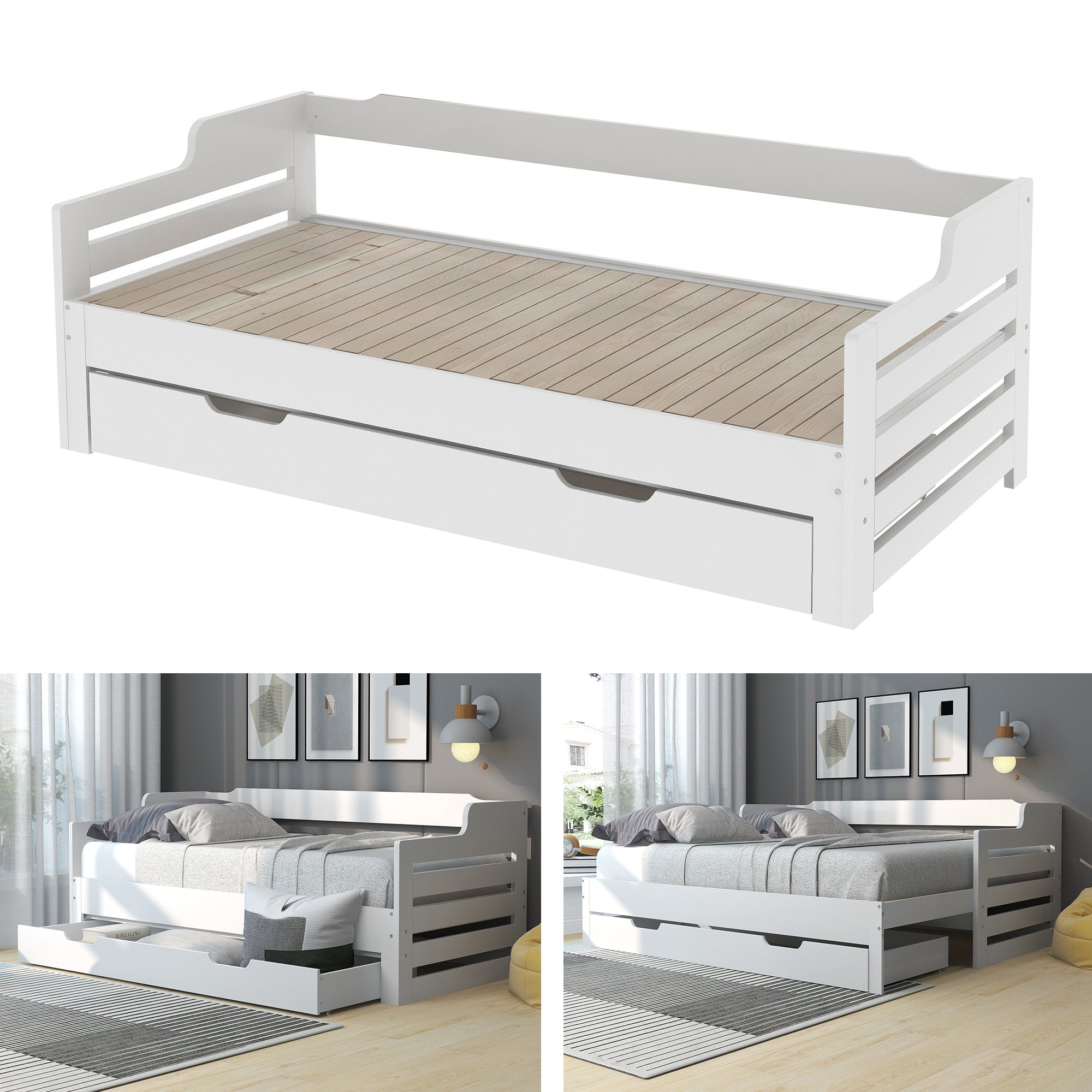 Daybed, Trundle and Drawer, Cabin Bed, Single Guest Sofa Bed with Pull-out Trundle and Storage, 90x190cm, White