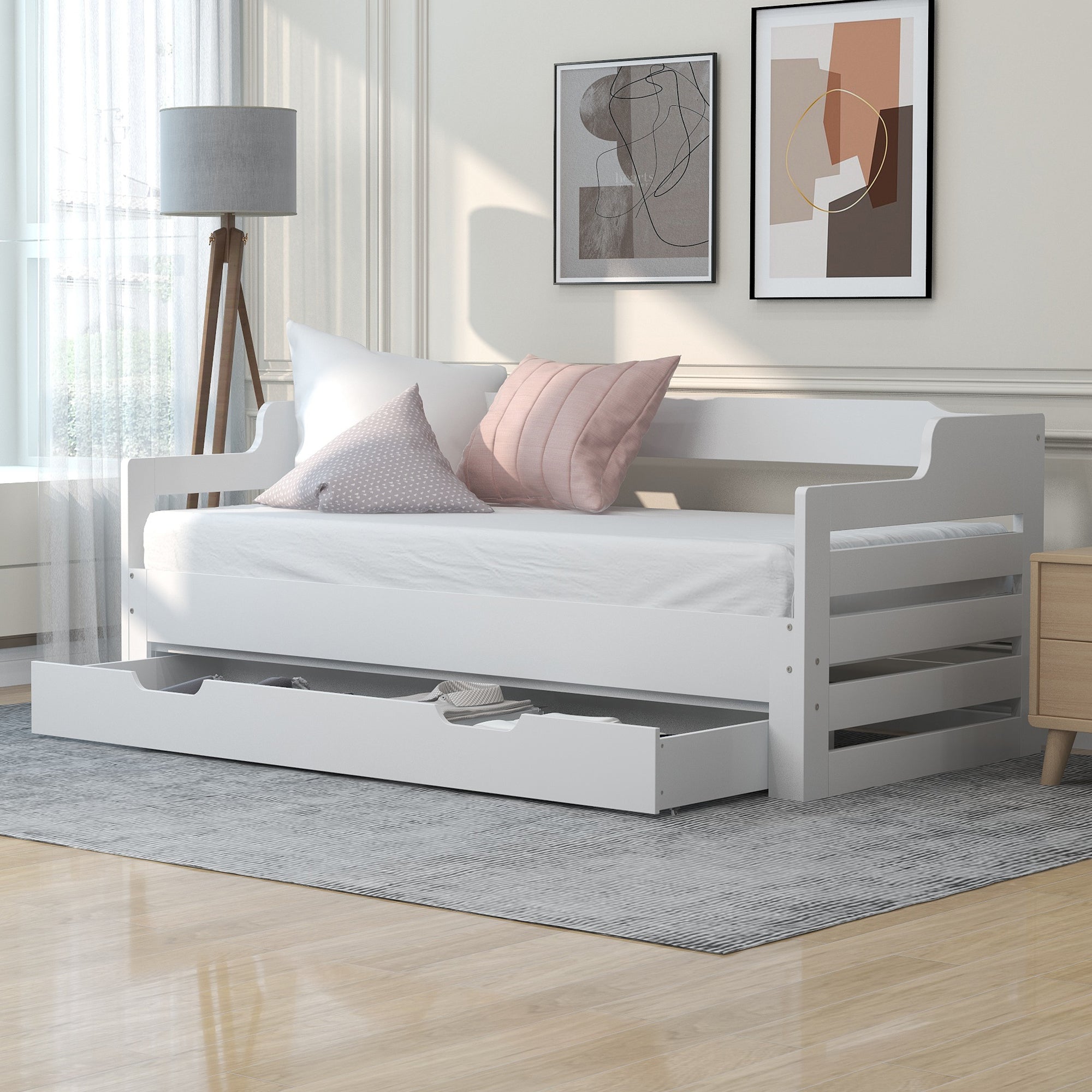 Daybed, Trundle and Drawer, Cabin Bed, Single Guest Sofa Bed with Pull-out Trundle and Storage, 90x190cm, White