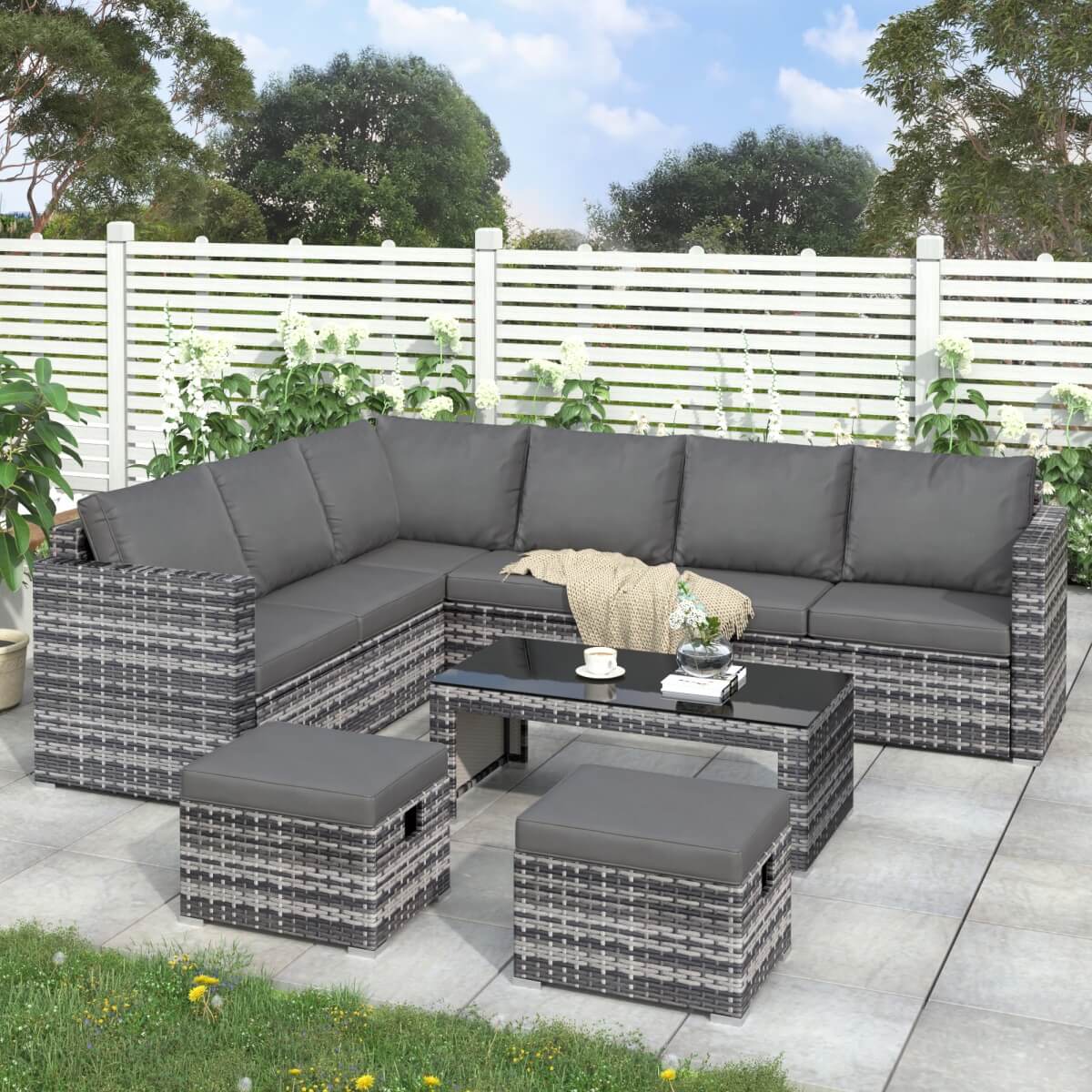 Garden Corner Rattan Sofa Set — Outdoor Furniture with Coffee Table & 2 Stools