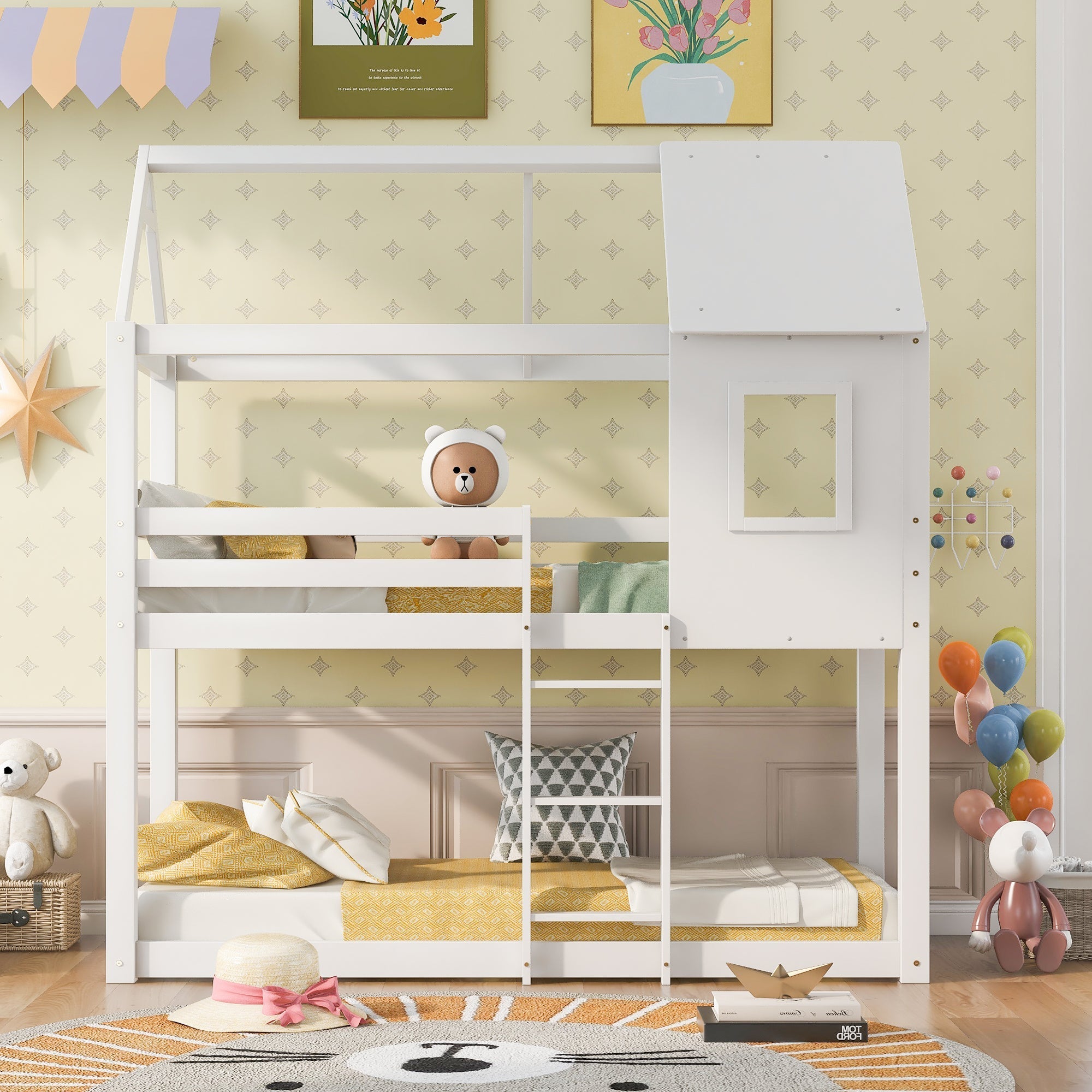 Bunk Bed, Children Cabin Bed, Single Bed for Kids, Twin Sleeper, 3FT, Solid Pine Wood, White