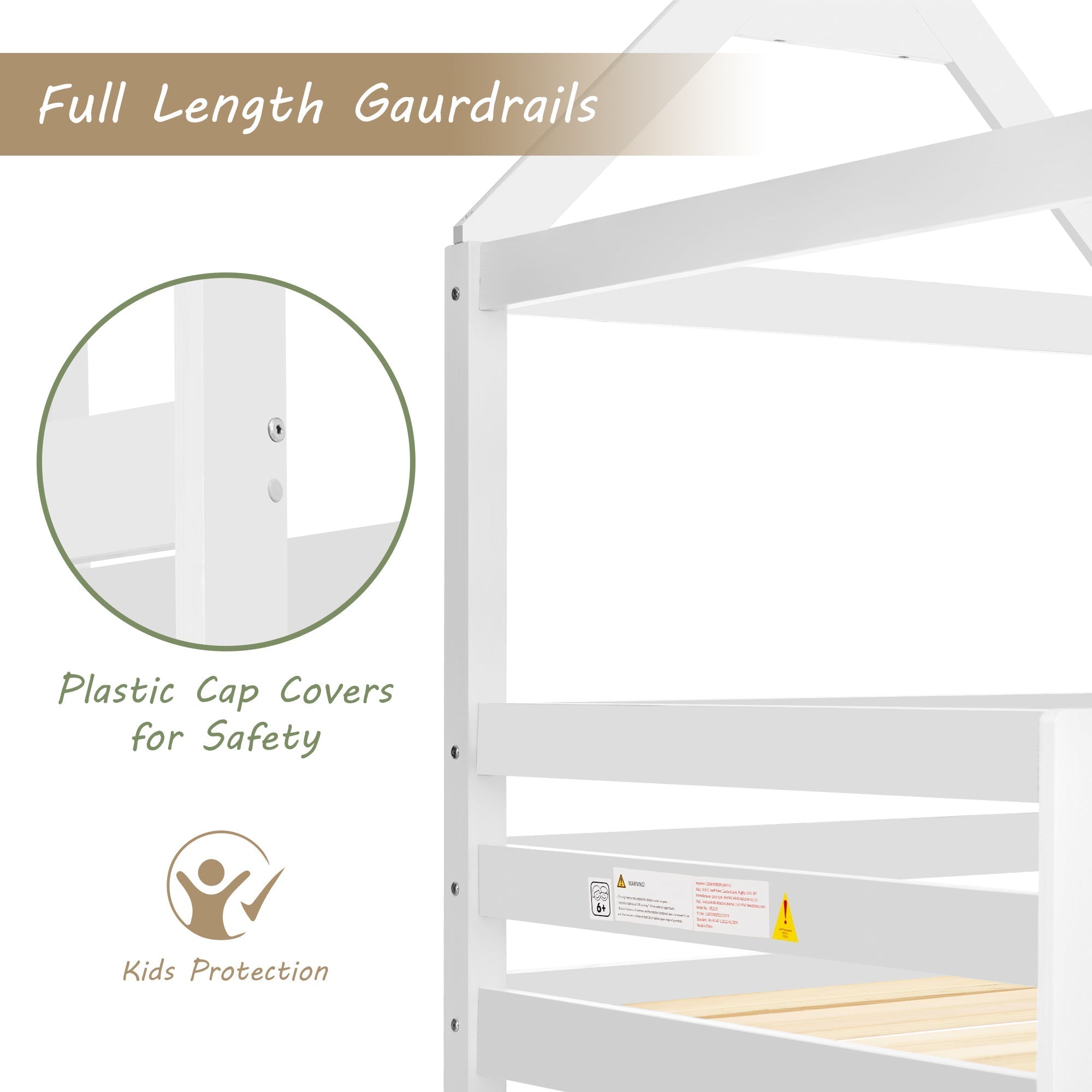 Bunk Bed, Children Cabin Bed, Single Bed for Kids, Twin Sleeper, 3FT, Solid Pine Wood, White