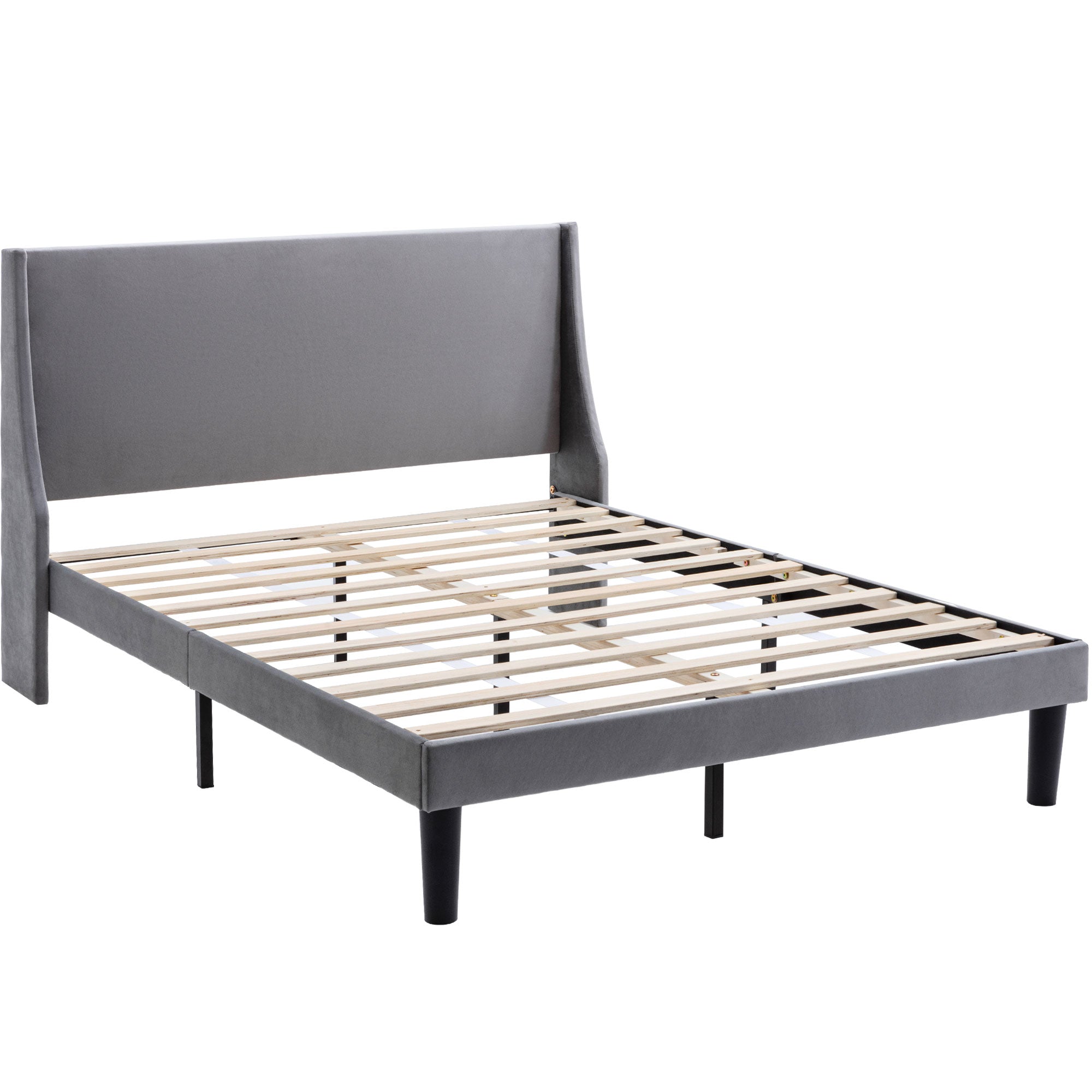 Double Bed Velvet Grey 4FT6 Upholstered Bed with Winged Headboard, Wood Slat Support
