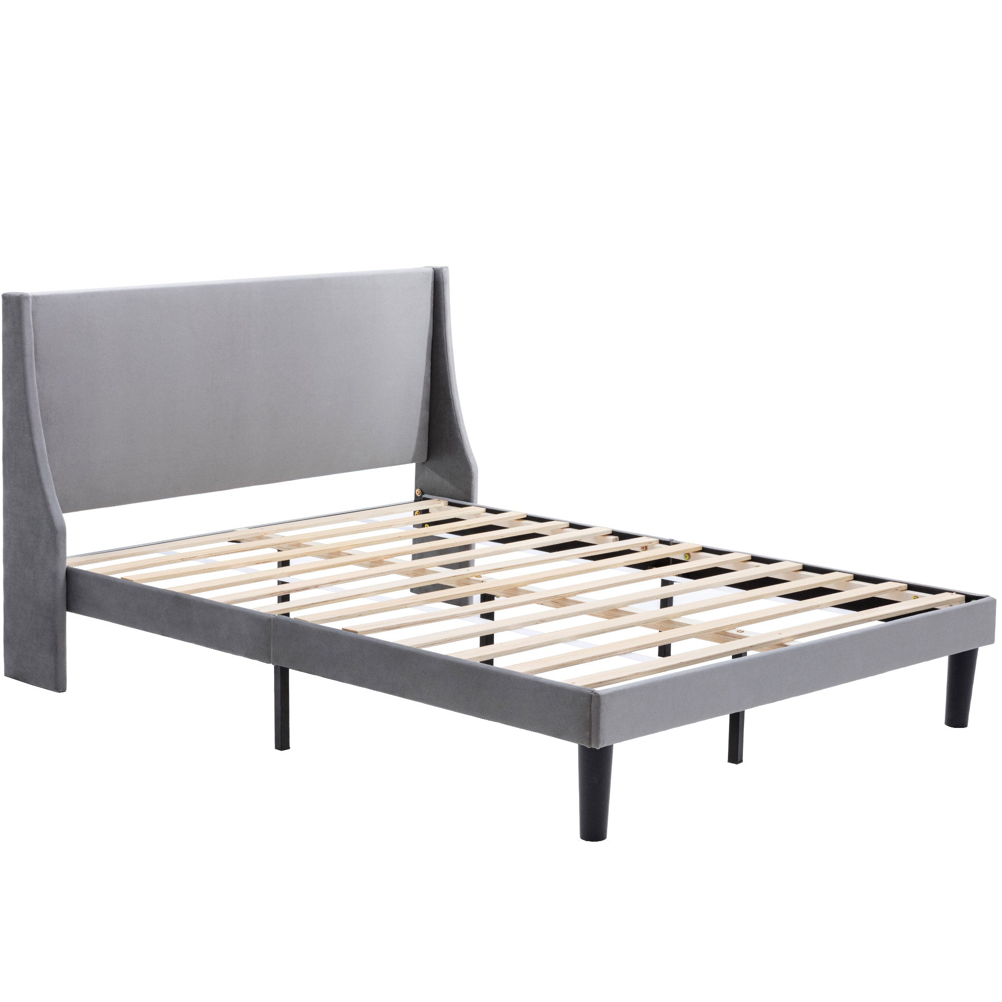 Double Bed Velvet Grey 4FT6 Upholstered Bed with Winged Headboard, Wood Slat Support