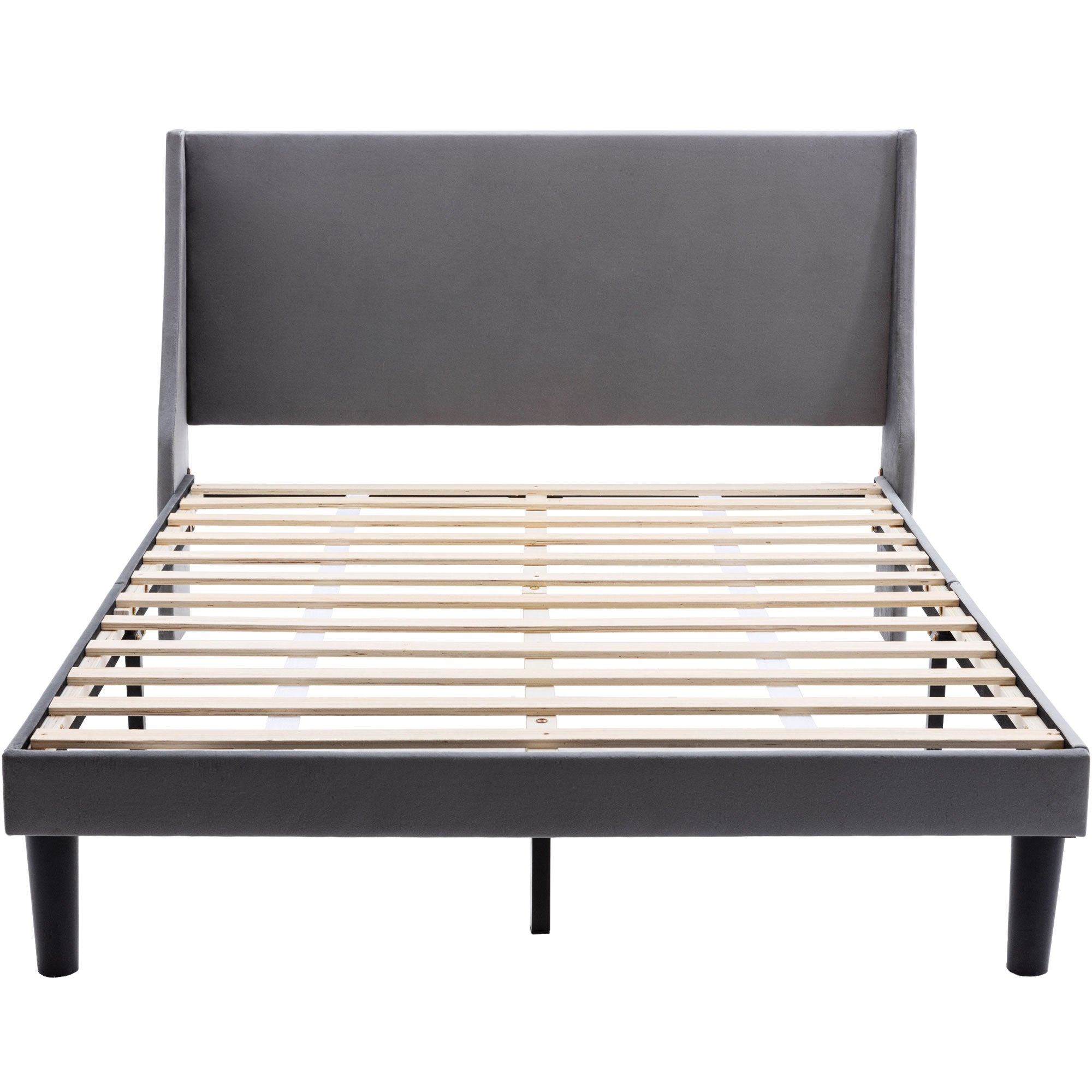 Double Bed Velvet Grey 4FT6 Upholstered Bed with Winged Headboard, Wood Slat Support