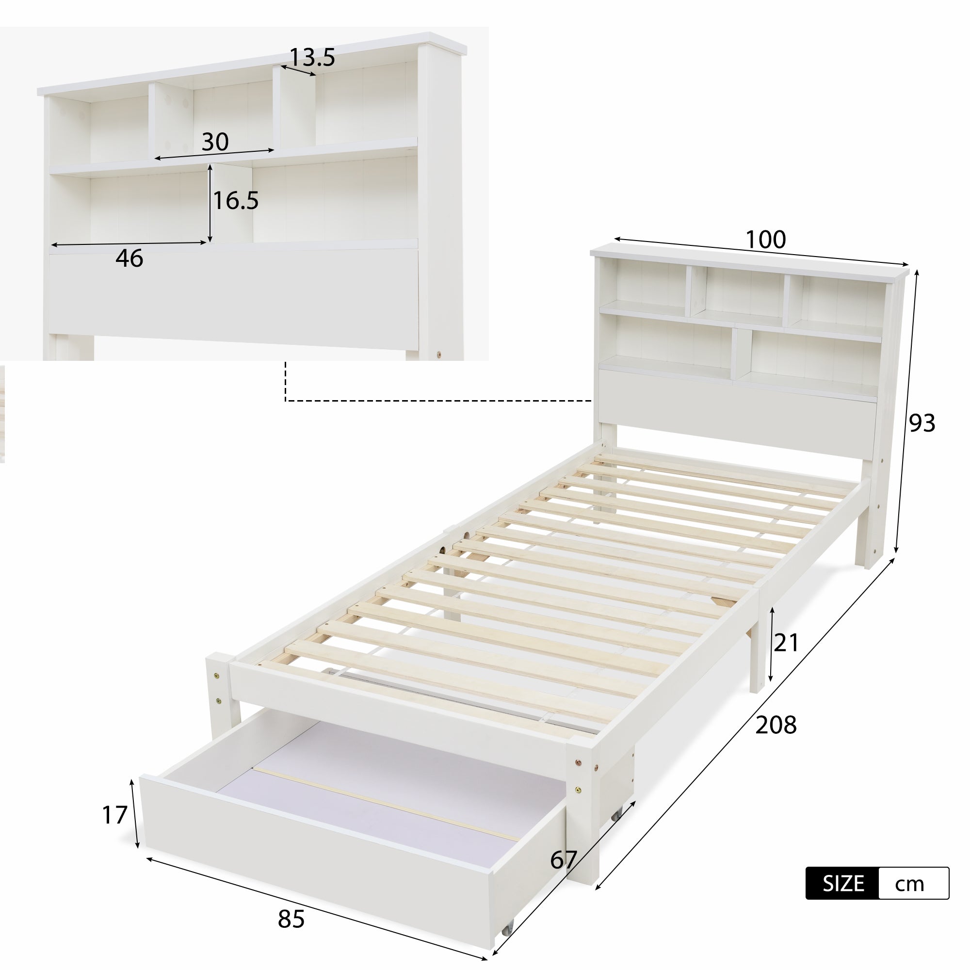Bed with Shelves, White Wooden Storage Bed, Underbed Drawer - 3FT Single (90 x 190 cm) Frame Only