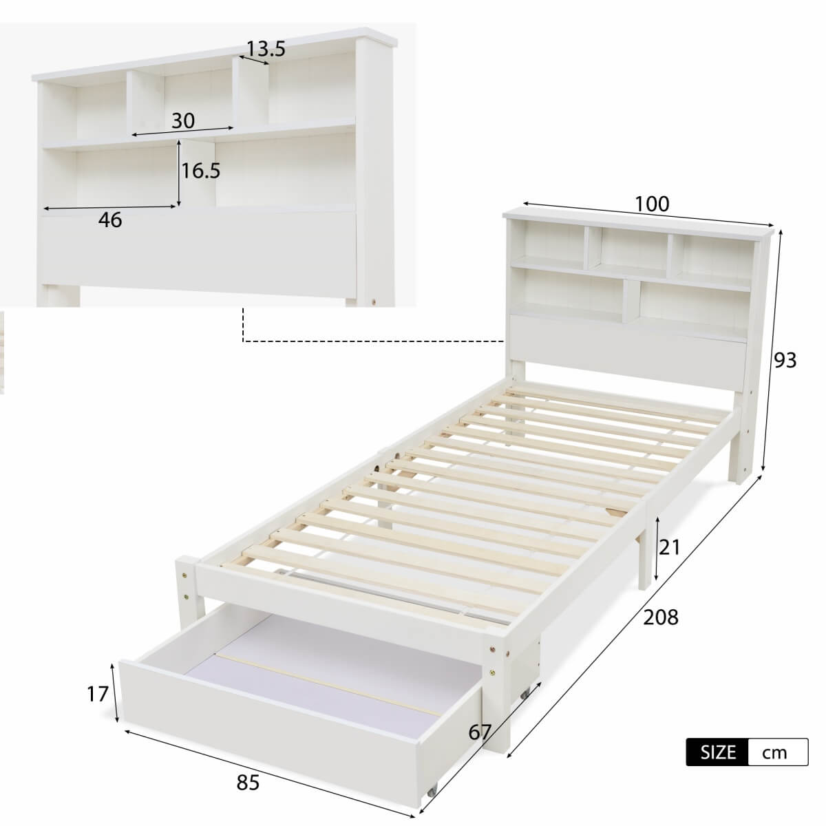 3FT Single Storage Bed with Shelves – White Wooden Bed Frame with Drawer