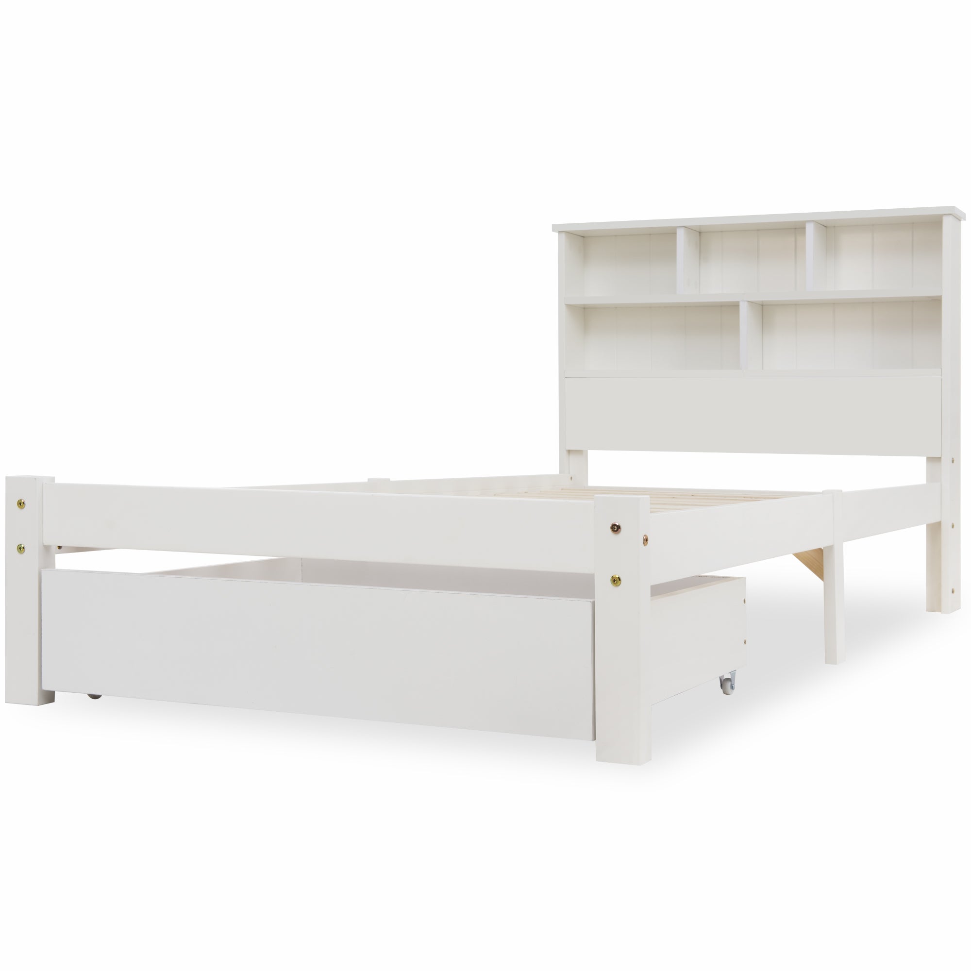 Bed with Shelves, White Wooden Storage Bed, Underbed Drawer - 3FT Single (90 x 190 cm) Frame Only
