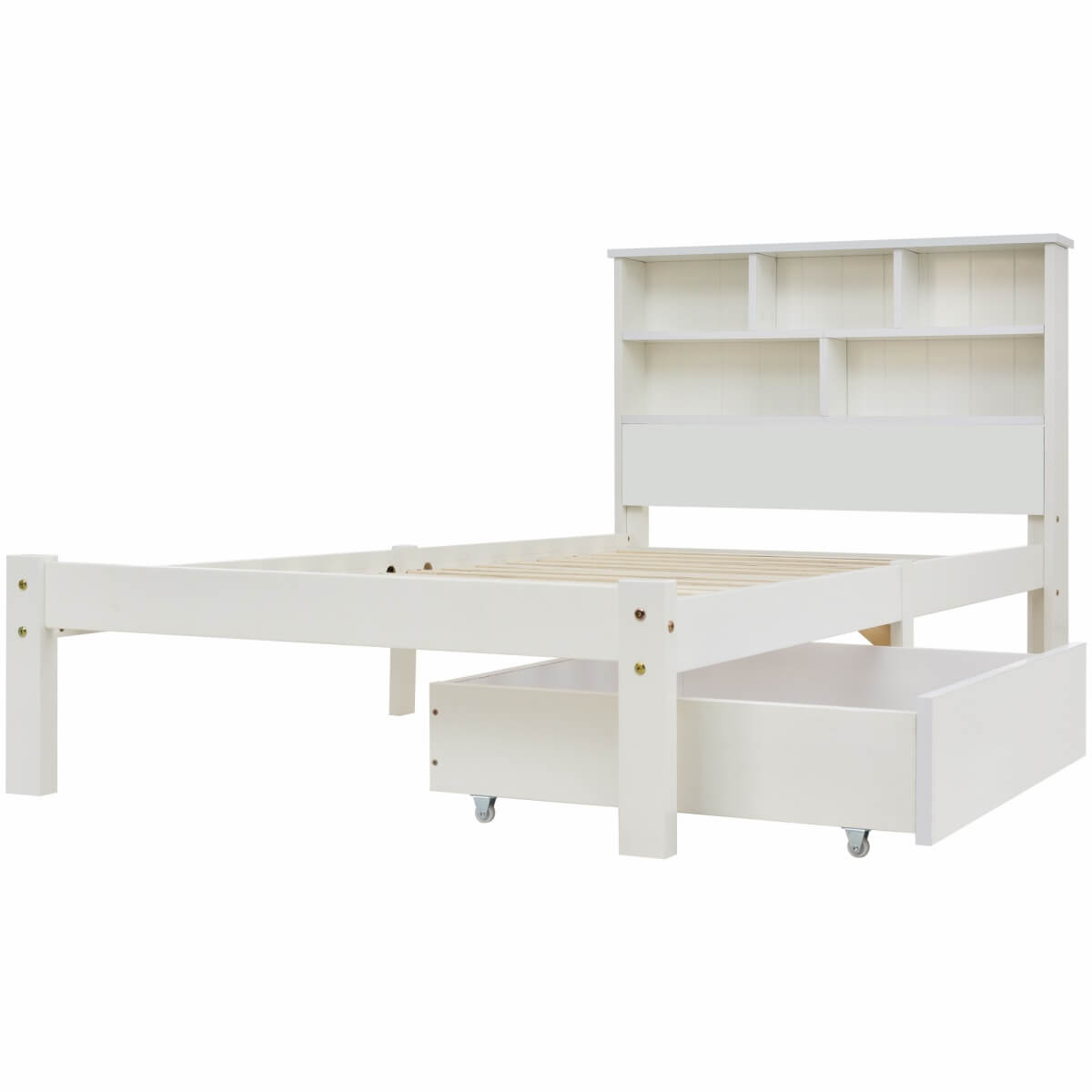 3FT Single Storage Bed with Shelves – White Wooden Bed Frame with Drawer