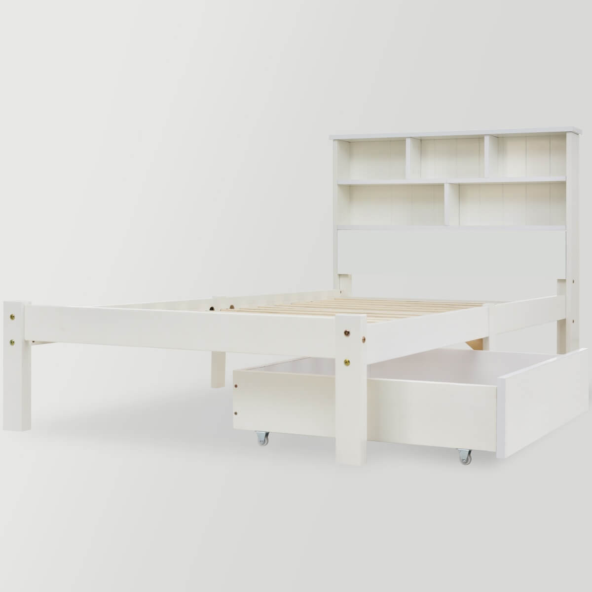 3FT Single Storage Bed with Shelves – White Wooden Bed Frame with Drawer