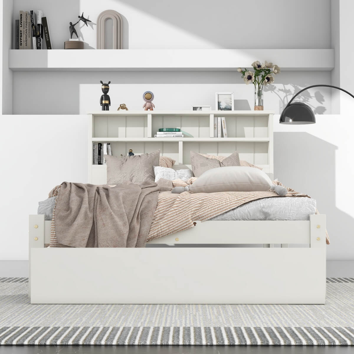 3FT Single Storage Bed with Shelves – White Wooden Bed Frame with Drawer