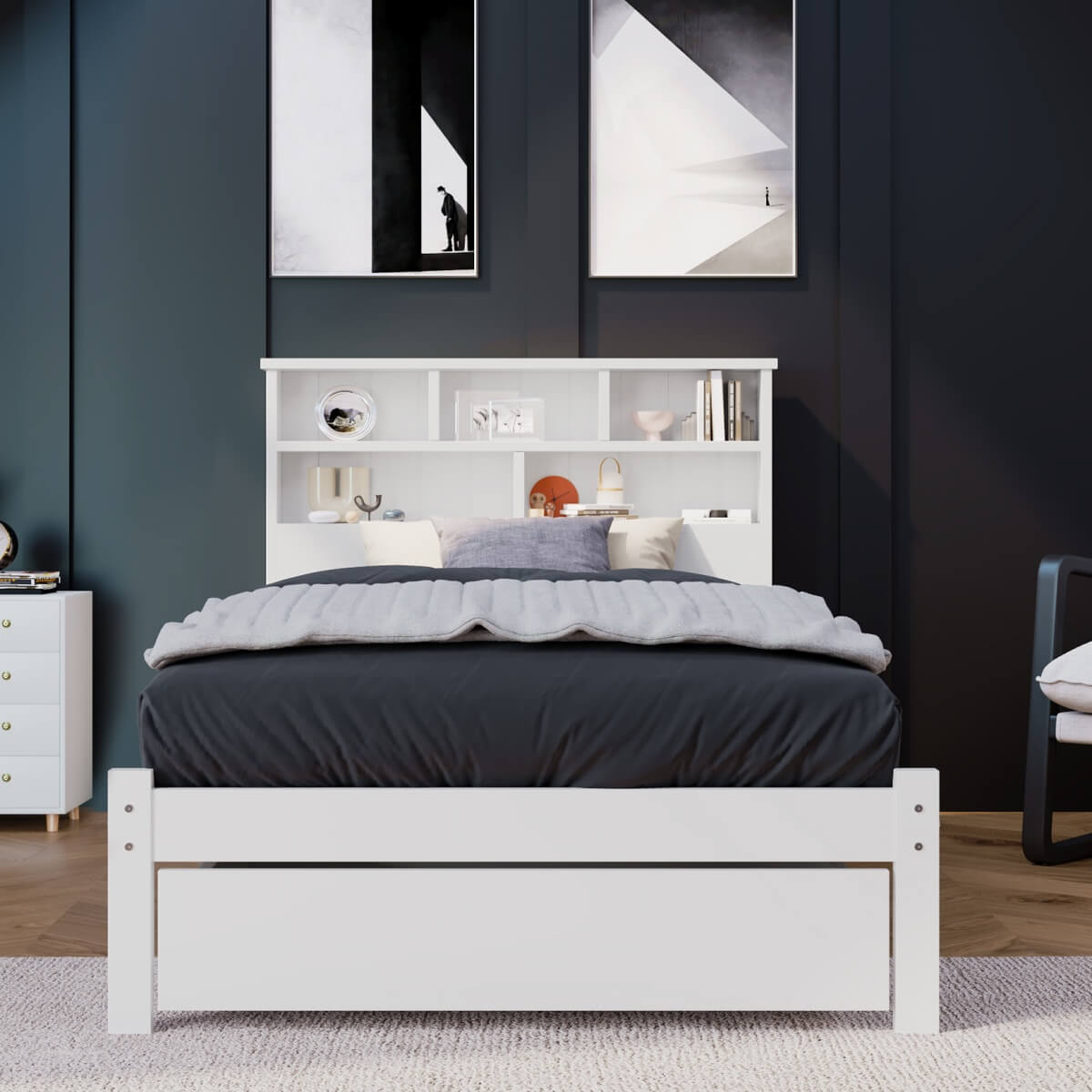 3FT Single Storage Bed with Shelves – White Wooden Bed Frame with Drawer
