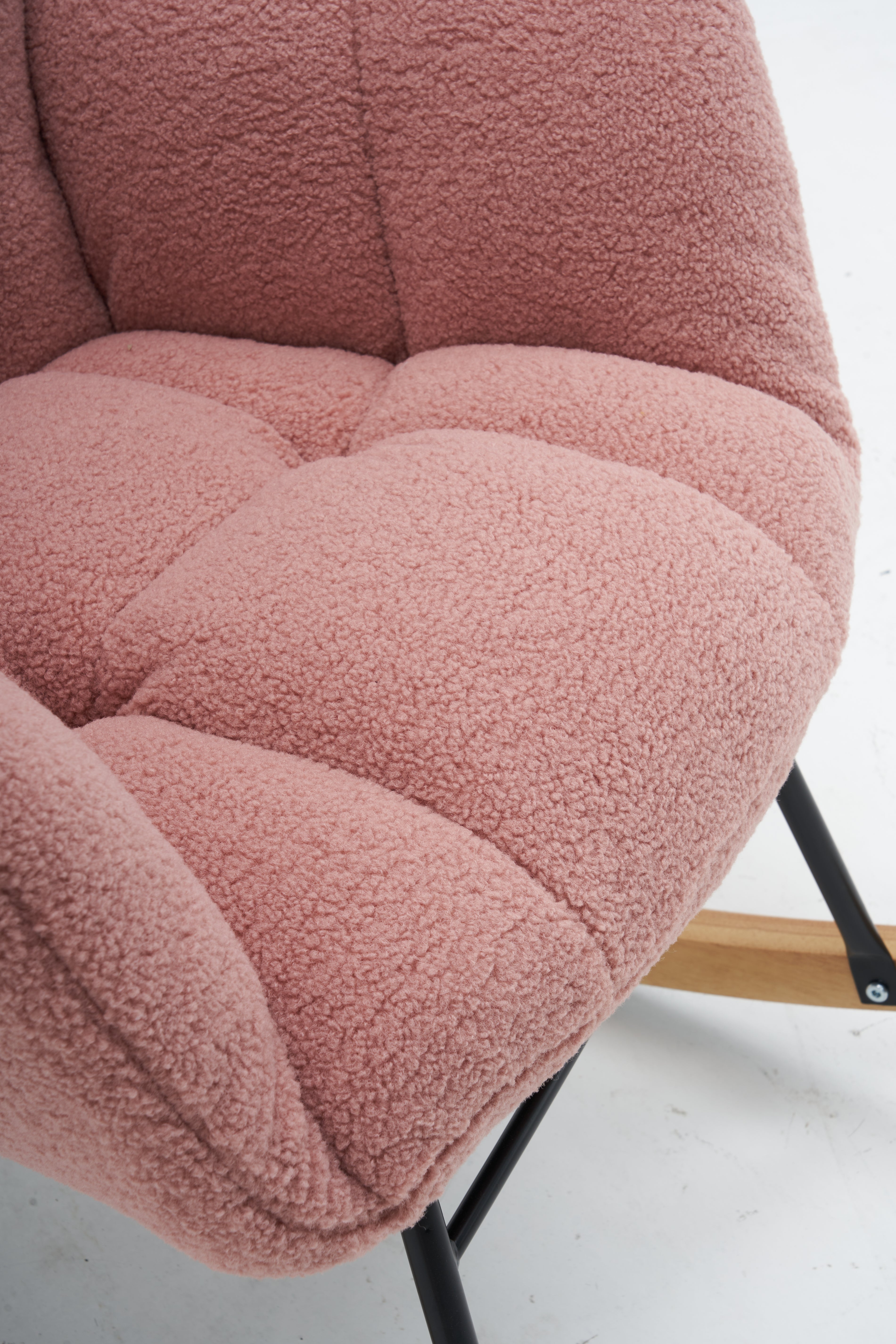 Mid Century Modern Rocking Chair, Teddy Fabric Tufted Upholstered, Padded Seat, Pink