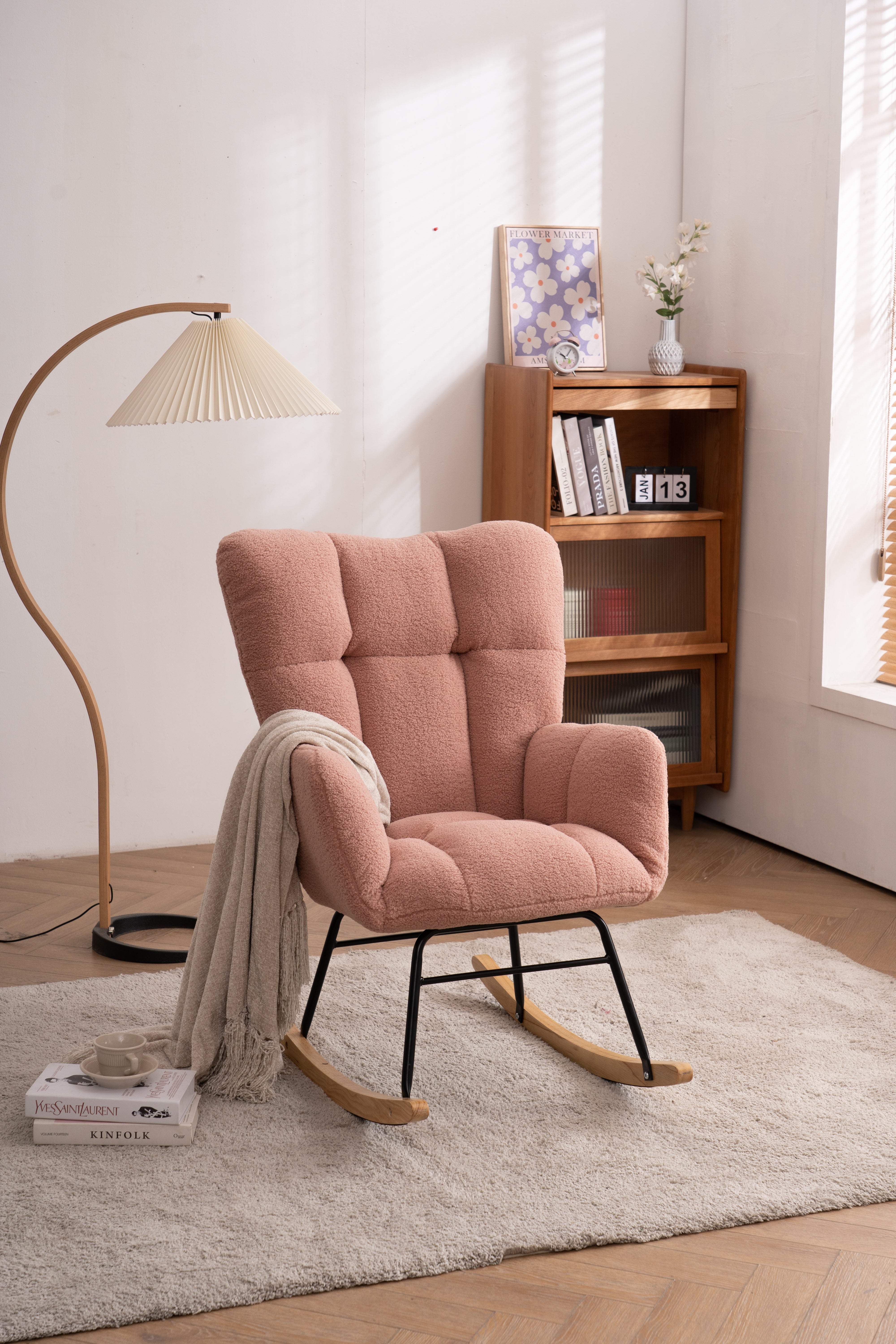Mid Century Modern Rocking Chair, Teddy Fabric Tufted Upholstered, Padded Seat, Pink