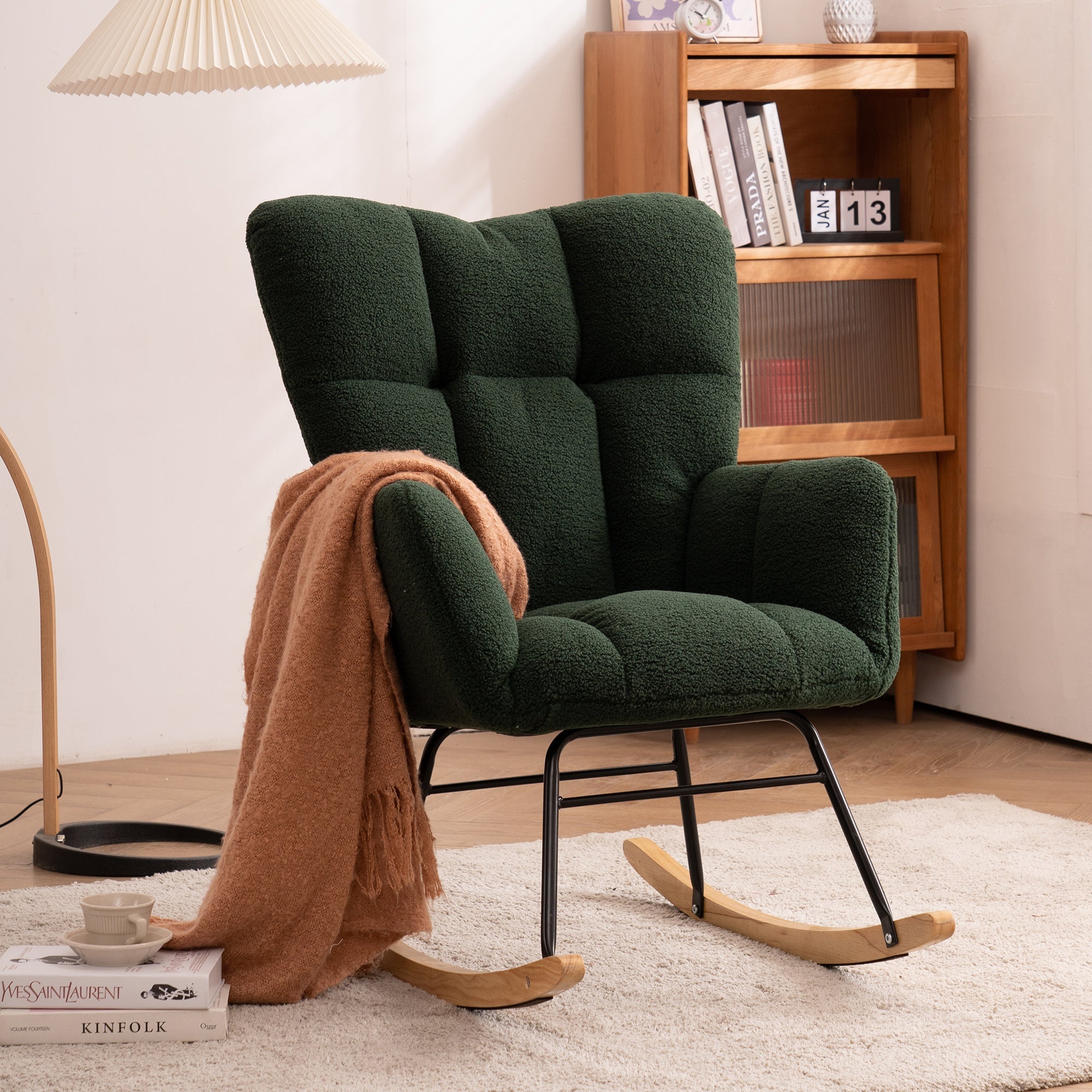 Mid Century Modern Rocking Chair, Teddy Fabric Tufted Upholstered, Dark Green