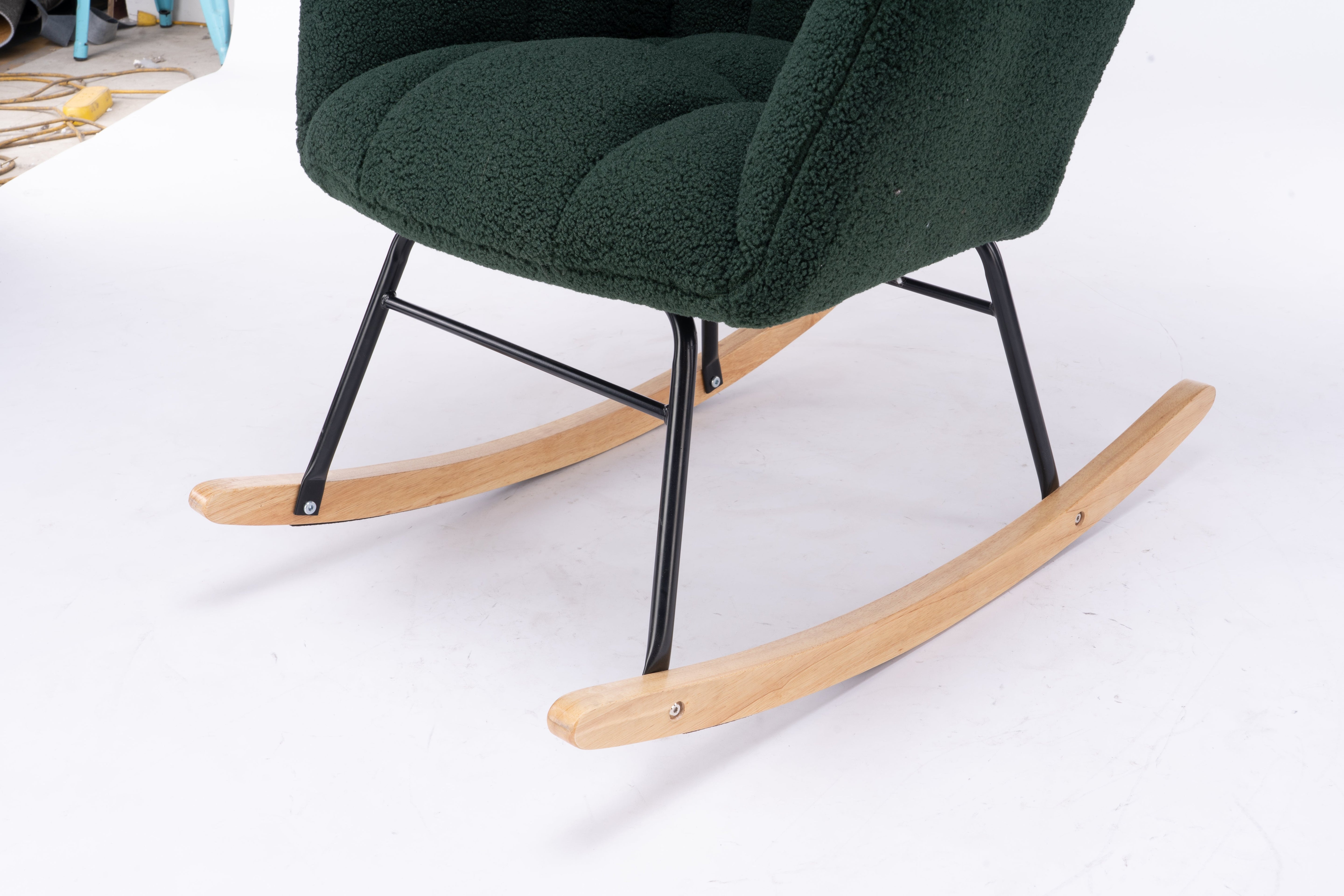 Mid Century Modern Rocking Chair, Teddy Fabric Tufted Upholstered, Dark Green