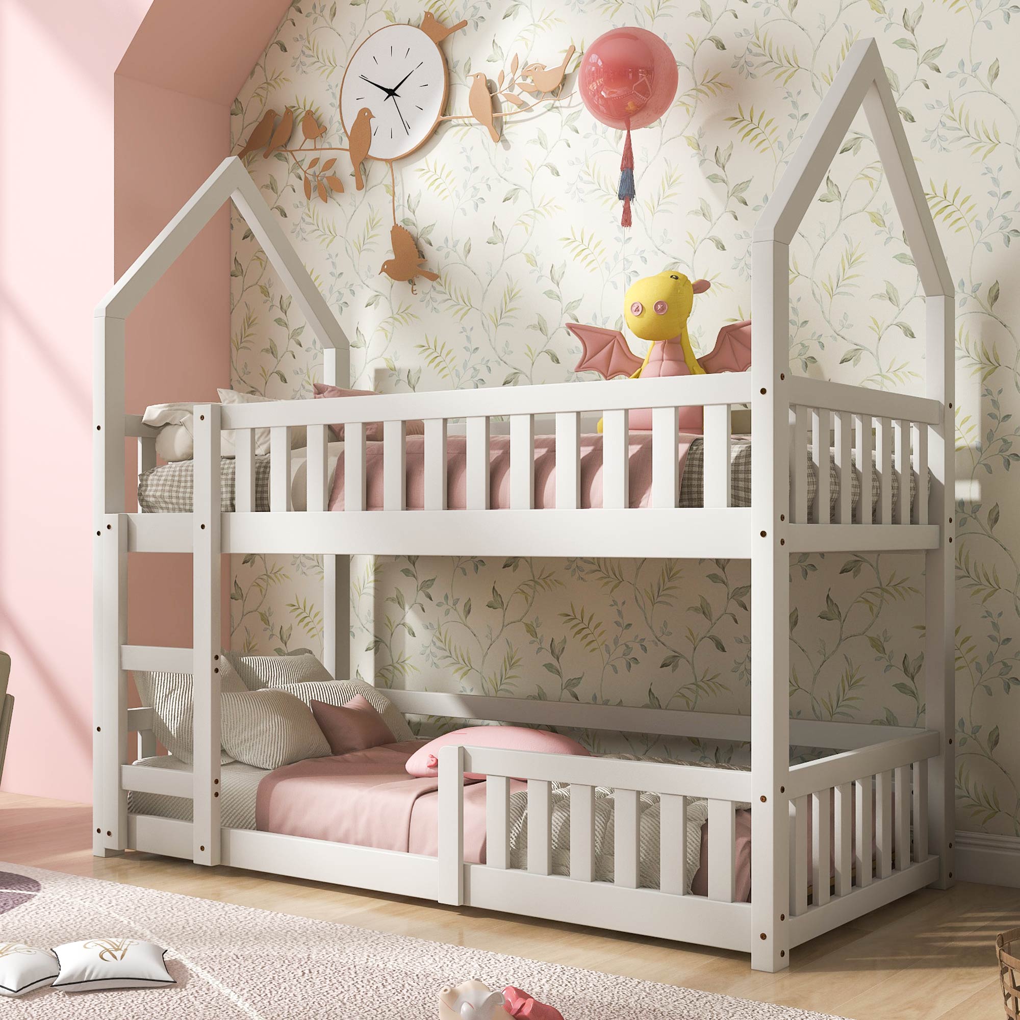 Bunk Bed, Twin Sleeper with Ladder & Gaming Castle Design, Solid Wood Frame (White)