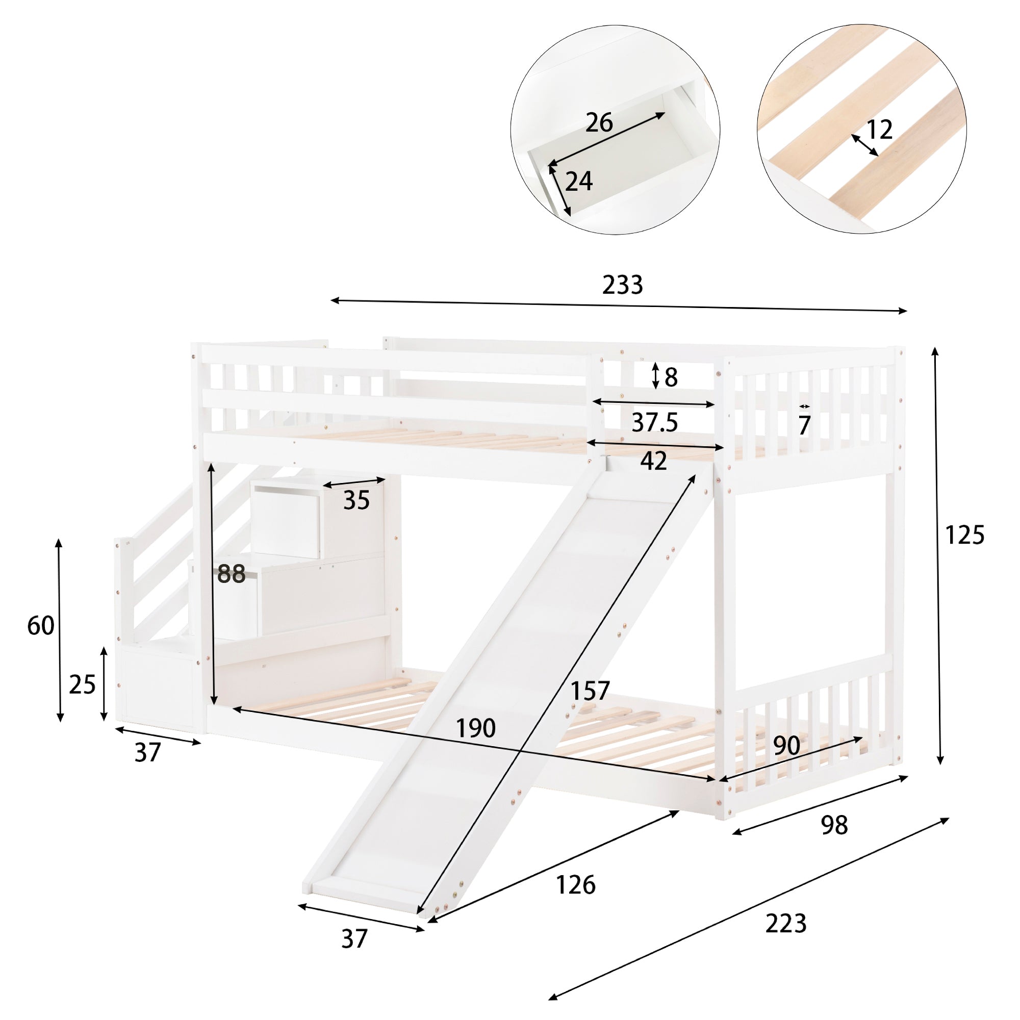 Bunk Bed with Stairs & Slide, Solid Pine Wood Frame, 90x190cm, White